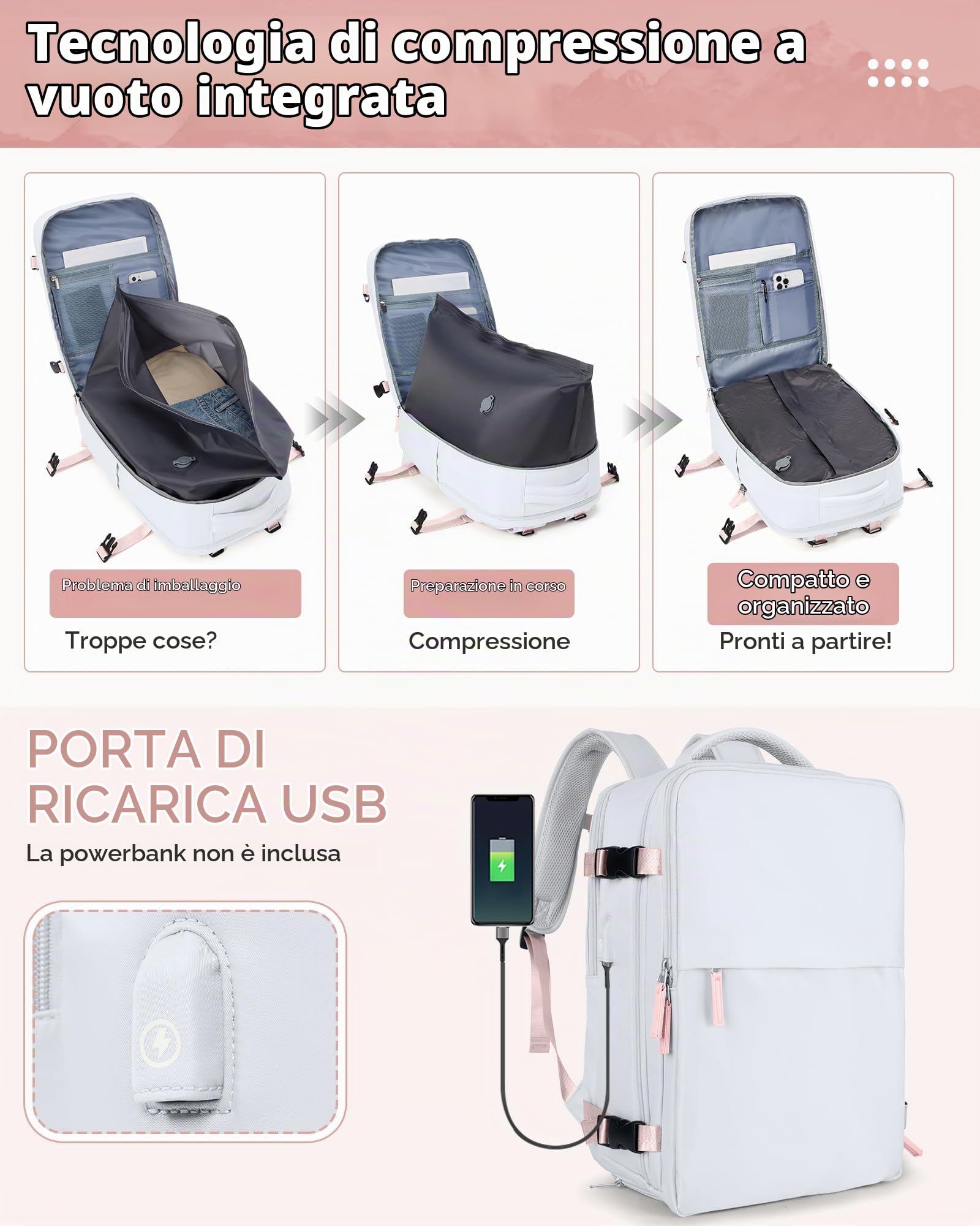SZLX Zaino A Vuoto Bagaglio A Mano Donna, Zaino Airbag Con Sistema Di Vuoto Per Viaggi, Ryanair Viaggio Ruscksack Dimensione Cabina Con Pompa Impermeabile Uomo Valigia A Vuoto