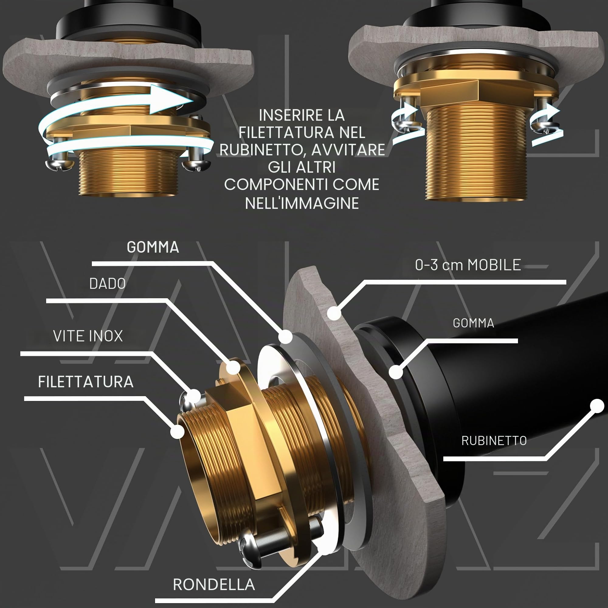 VALAZ Rubinetto Bidet Dorato Spazzolato PVD | Miscelatore Lavabo Bagno Acqua Fredda e Calda, Ottone Inossidabile Curvo Serie Jabalón