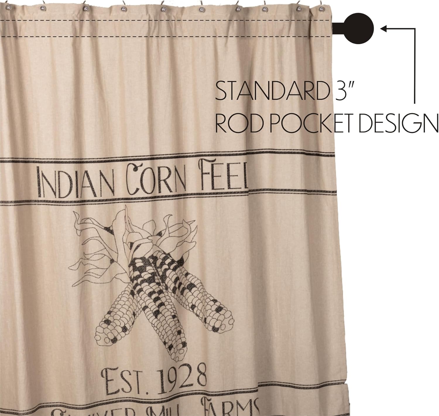 VHC Brands Sawyer Mill Charcoal,100% Cotton, Lined Shower Curtain- Indian Cord Feed Est 1928, 72x72