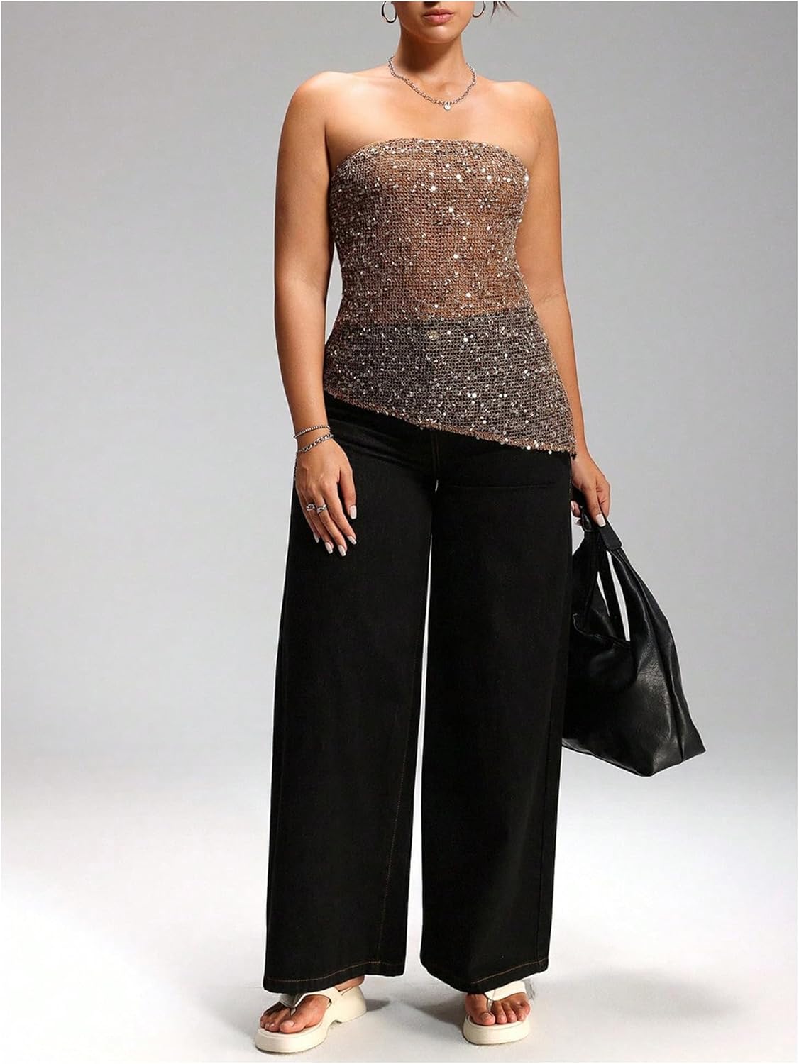 Floerns Women's Plus Size Sequin Strapless Tube Top Asymmetrical Sleeveless Beaded Party Tops - Image 3