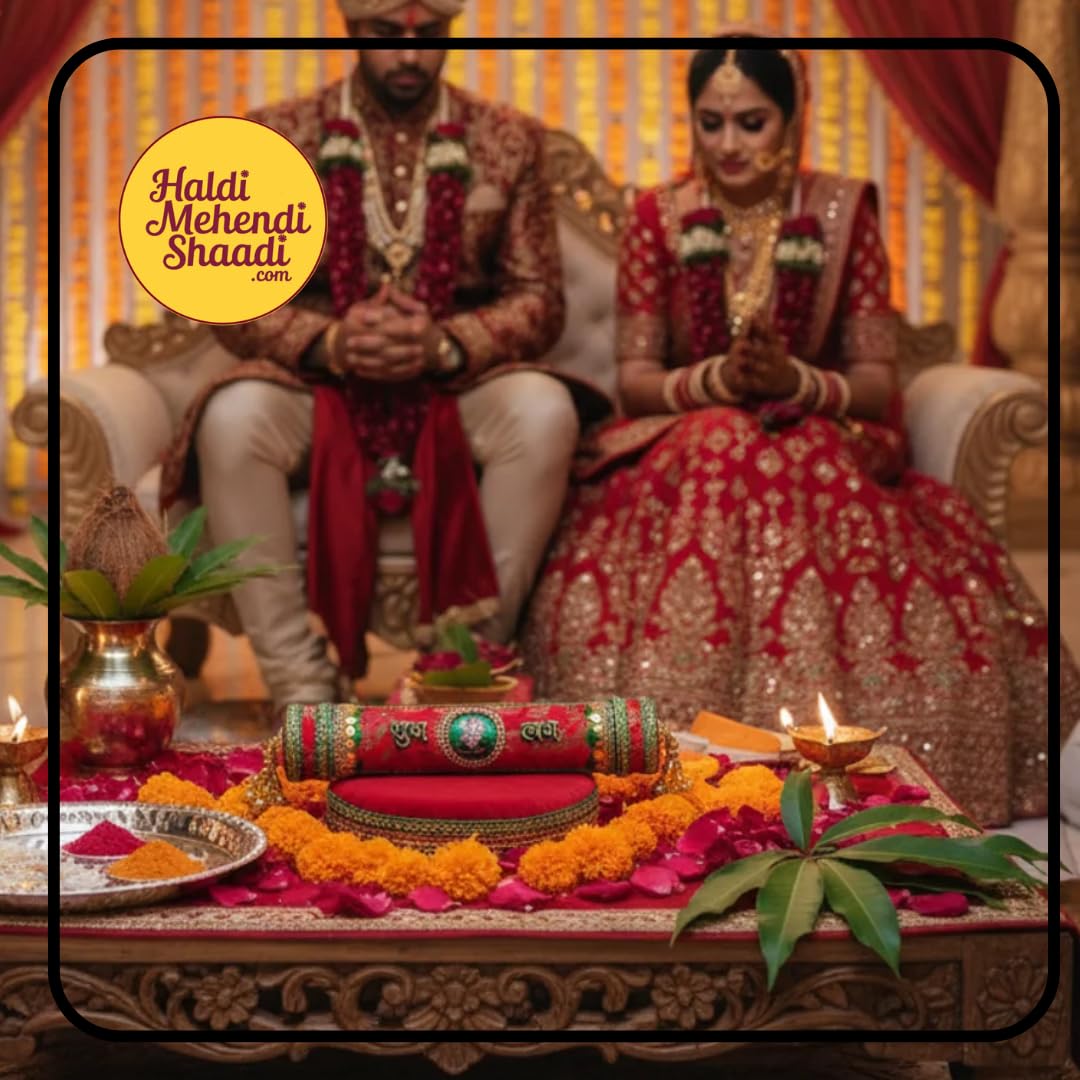 HALDI MEHENDI SHAADI Velvet Wedding Invitation Scroll Box with Gold Brass Frame, Ganesh Design, 29cm, Traditional Marriage Patrika with Tassel (Red Gujarati) 3