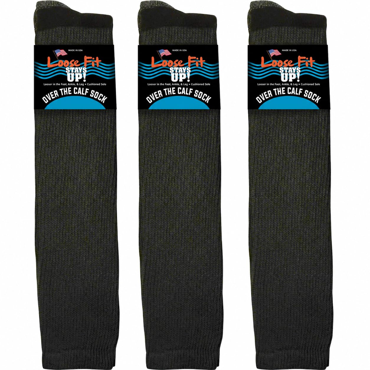 Loose Fit Stays Up Over the Calf Boot Socks 3 PK Made in USA Cushioned Sole