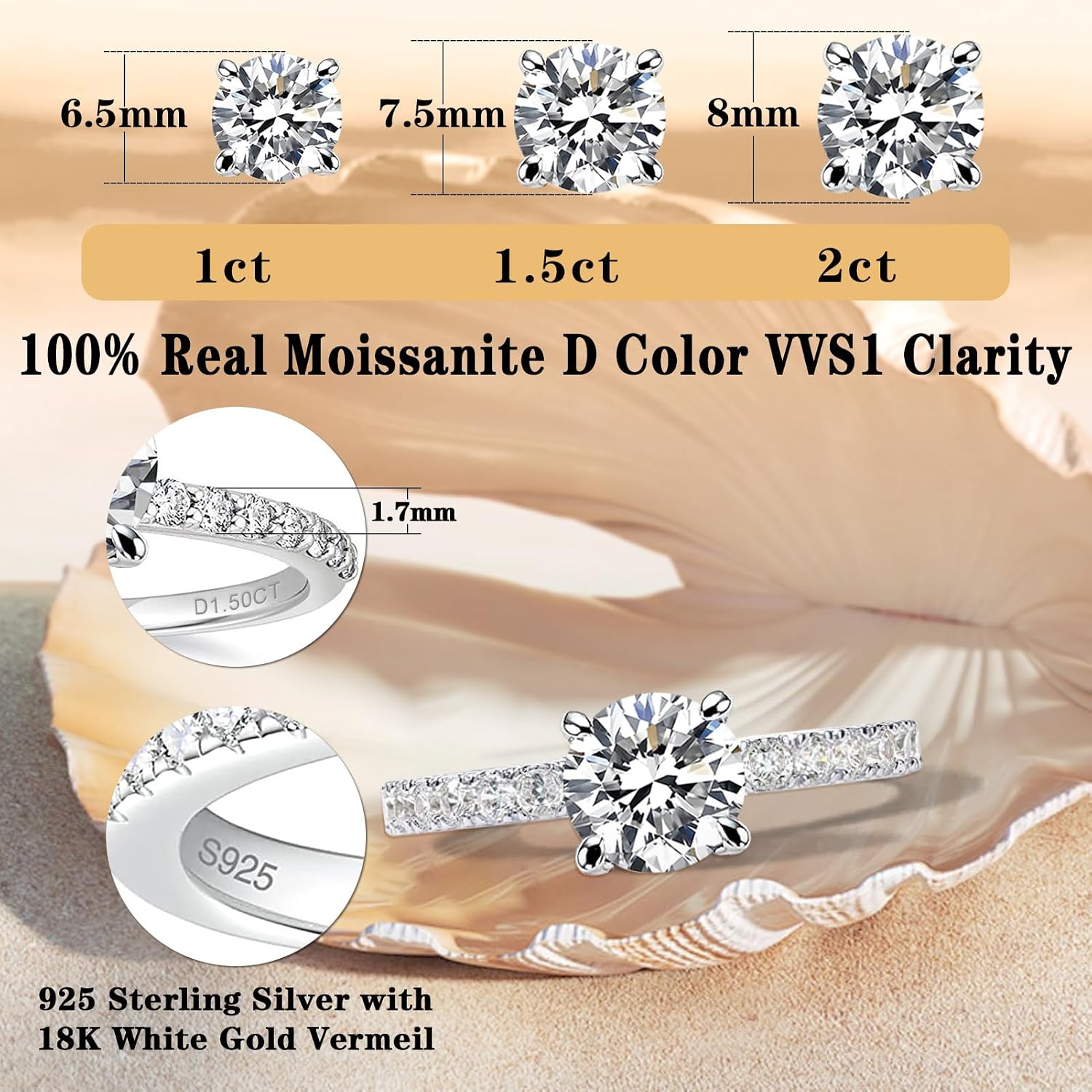 1CT/1.5CT/2CT Moissanite Engagement Rings for Women Size 5-10 Round D Color VVS1 Clarity Created Diamond and 925 Sterling Silver with 18K White Gold Vermeil
