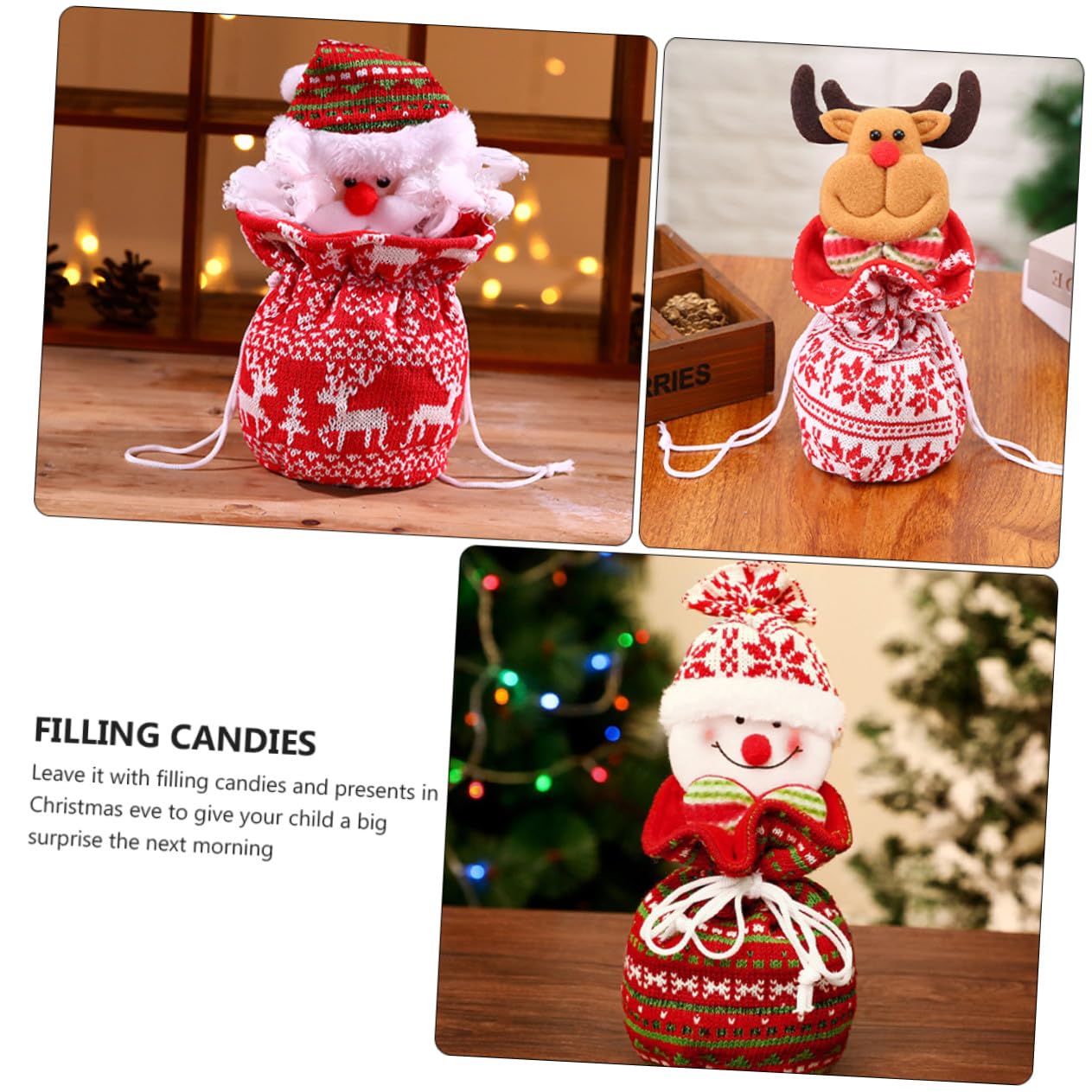 DEARMAMY 12 Piezas Bolsas de Navideñas de Bolsas de Manzana de Punto con Diseño Reutilizables y Lavables para Dulces y Pequeños Obsequios para Fiestas y Decoración Navideña