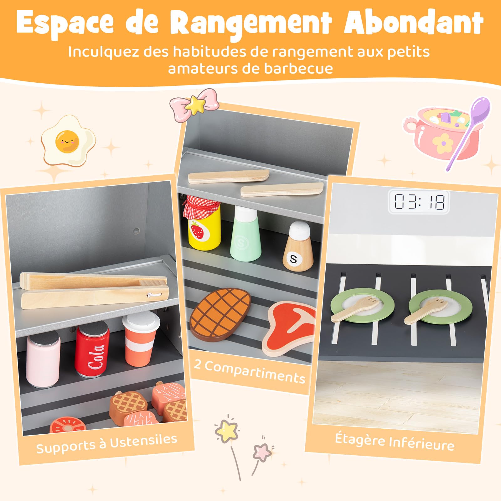 COSTWAY Barbecue Enfant en Bois avec 19 Accessoires