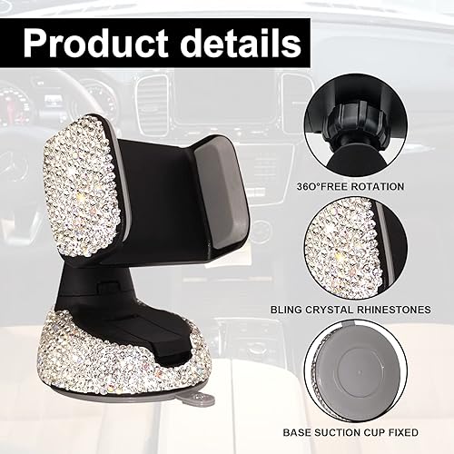 Miniatura 4 de Soporte de teléfono para automóvil, soporte de teléfono de cristal ajustable en 360, diamantes de imitación universales con una base de ventilación