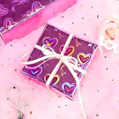 Miniatura 7 de Yarcony Papel de regalo de corazón rosa, mini rollo, envoltura de regalo de corazones holográficos, papel de regalo de corazones iridiscentes de