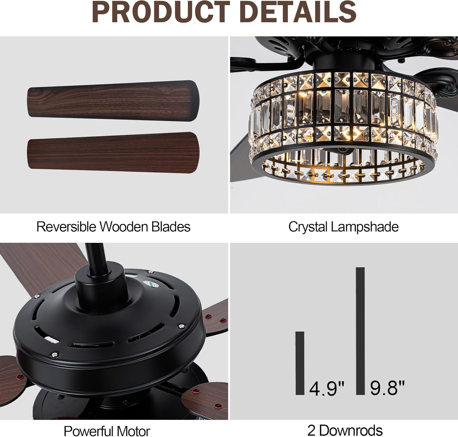 60 Inch Farmhouse Ceiling Fan with Lights and Remote, Black Chandelier Ceiling Fan with Reversible DC Motor 6 Speeds, Crystal Fandelier Ceiling Fans for Living Room Dining Room Bedroom