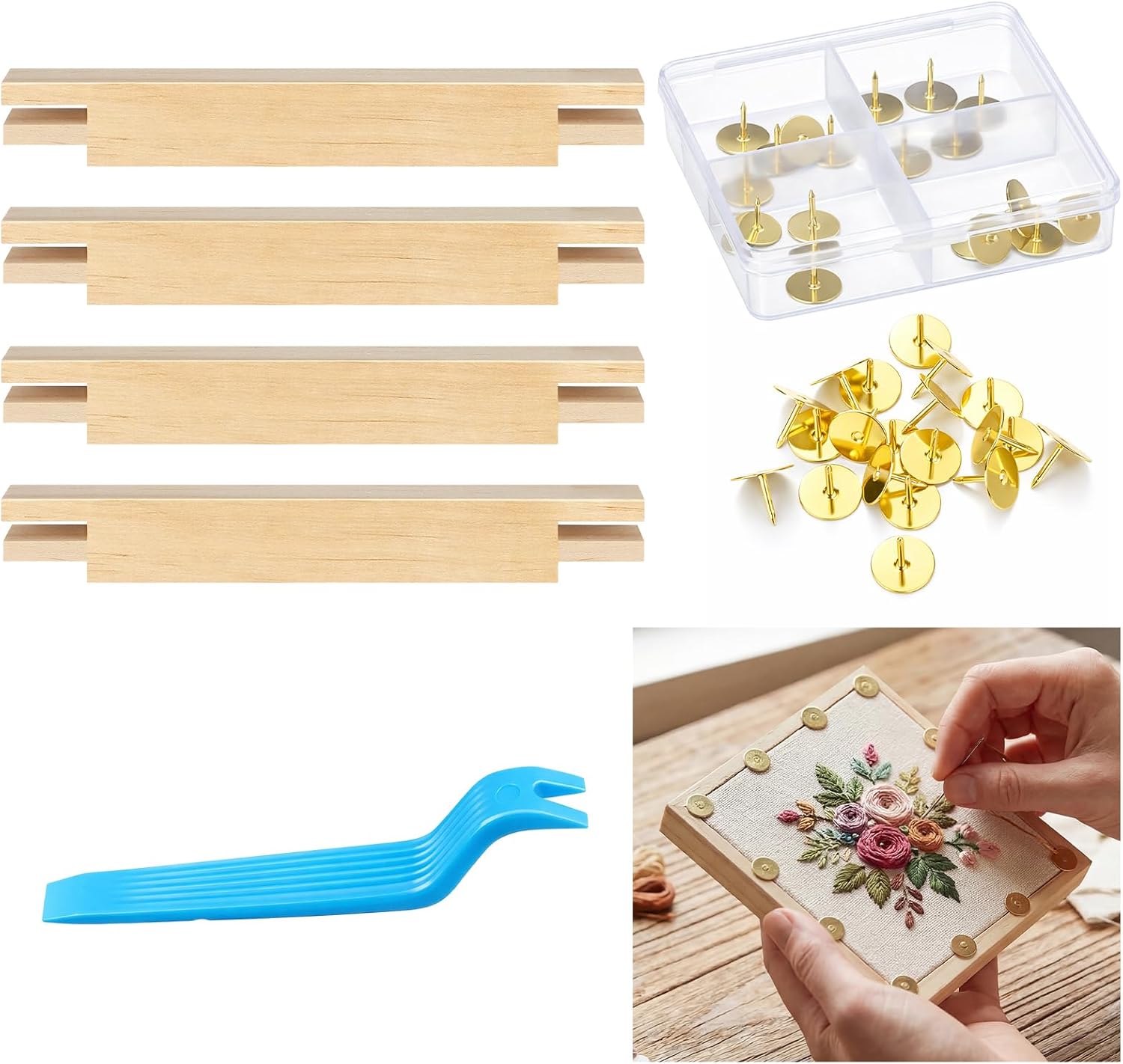 Threehoney 4 Pcs Needlepoint Stretcher Bars for Needlework 5/7/9/11" Embroidery Stitch Frame 20 Thumbtacks 1 Remover for Embroidery Stitch Frame Set Bundle Painting Artists Canvas Support(5 Inch)