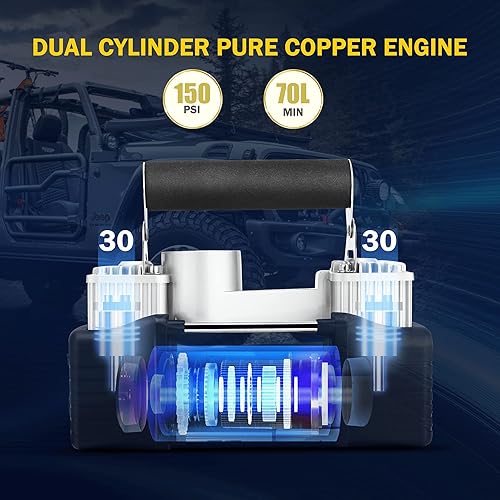 Miniatura 2 de TYT Compresor de aire portátil inflador de neumáticos de 12 V bomba de aire de doble cilindro de 150 PSI con calibre digital bolsa portátil 5