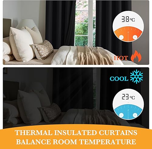 Miniatura 4 de RYB HOME Cortinas negras 100% opacas para dormitorio, sala de estar, aislamiento térmico, bloqueo de calor, reducción de ruido, cortinas de ventana