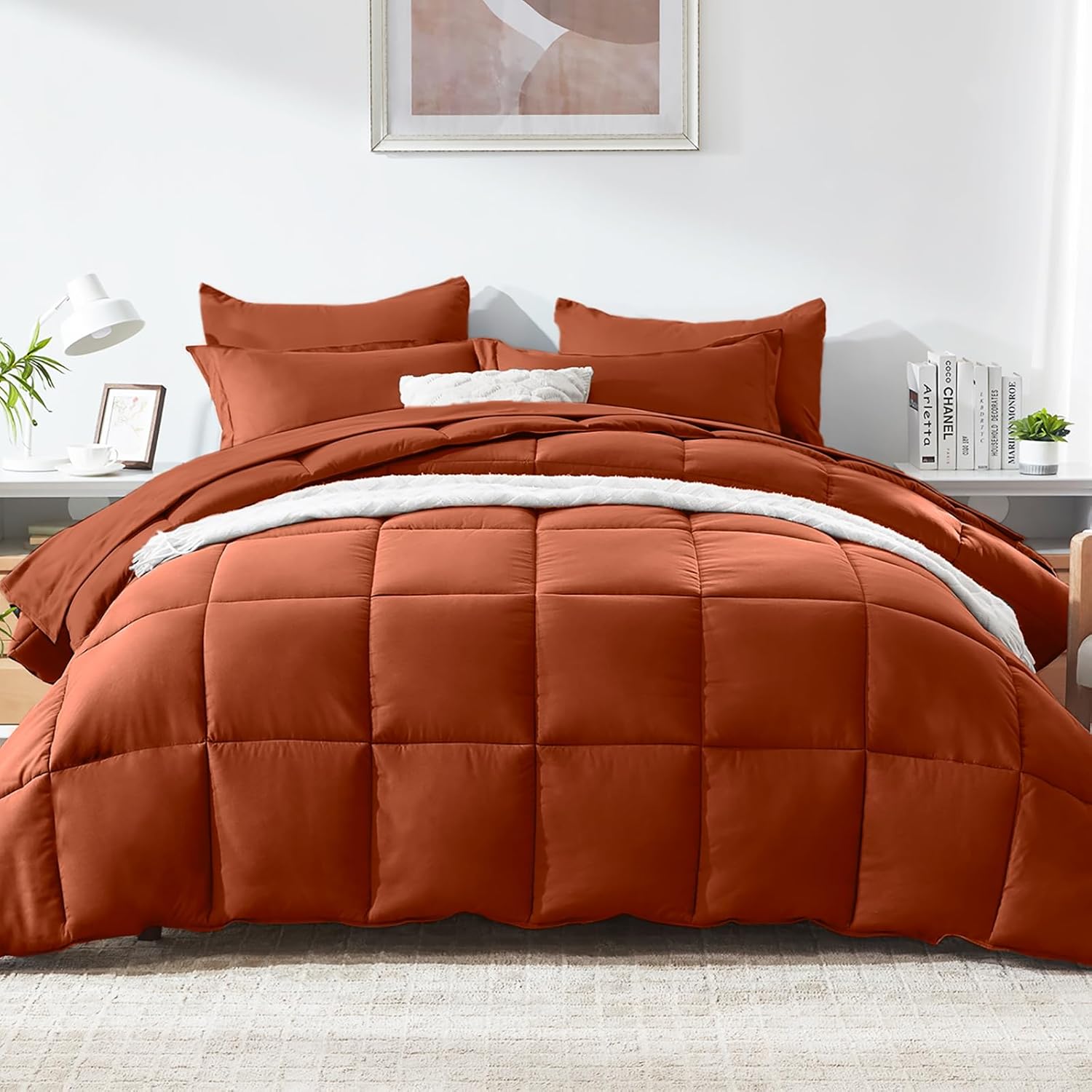 COZYART Queen Comforter Set 7 Pcs, Burnt Orange Bed in a Bag, All Season Lightweight Soft Reversible Bedding Set, 1 Comforter, 1 Flat Sheet, 1 Fitted Sheet, 2 Pillow Shams, 2 Pillowcases