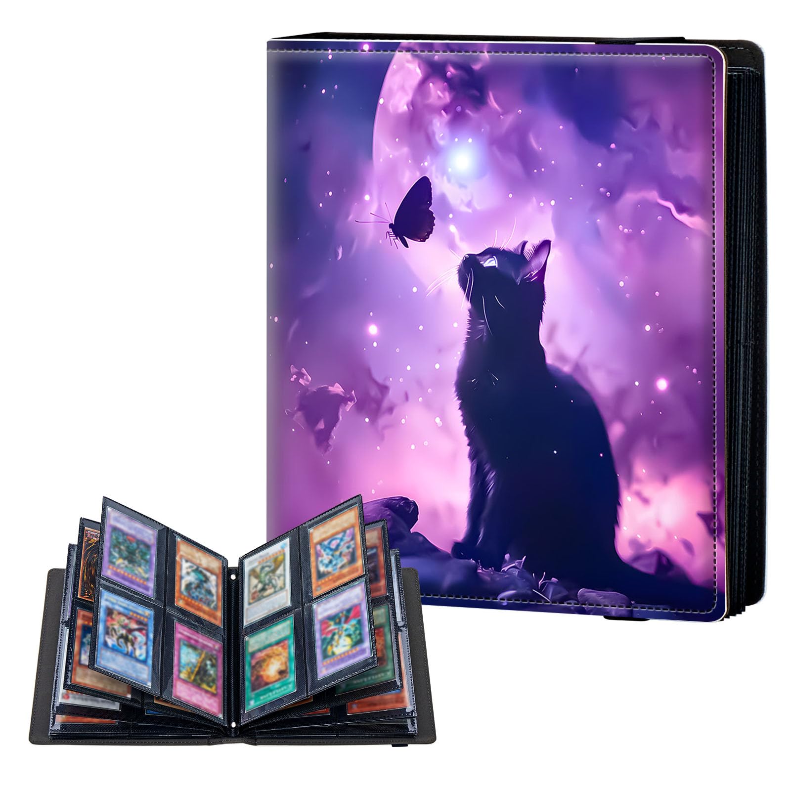 ETLKJVBL 4 Pocket Trading Card Binder, Card Collection Binder for TCG, MTG, Sports Cards, Baseball, Butterfly Starry Sky Cat Trading Card Book Holder for Collectors, Top Loader Binder