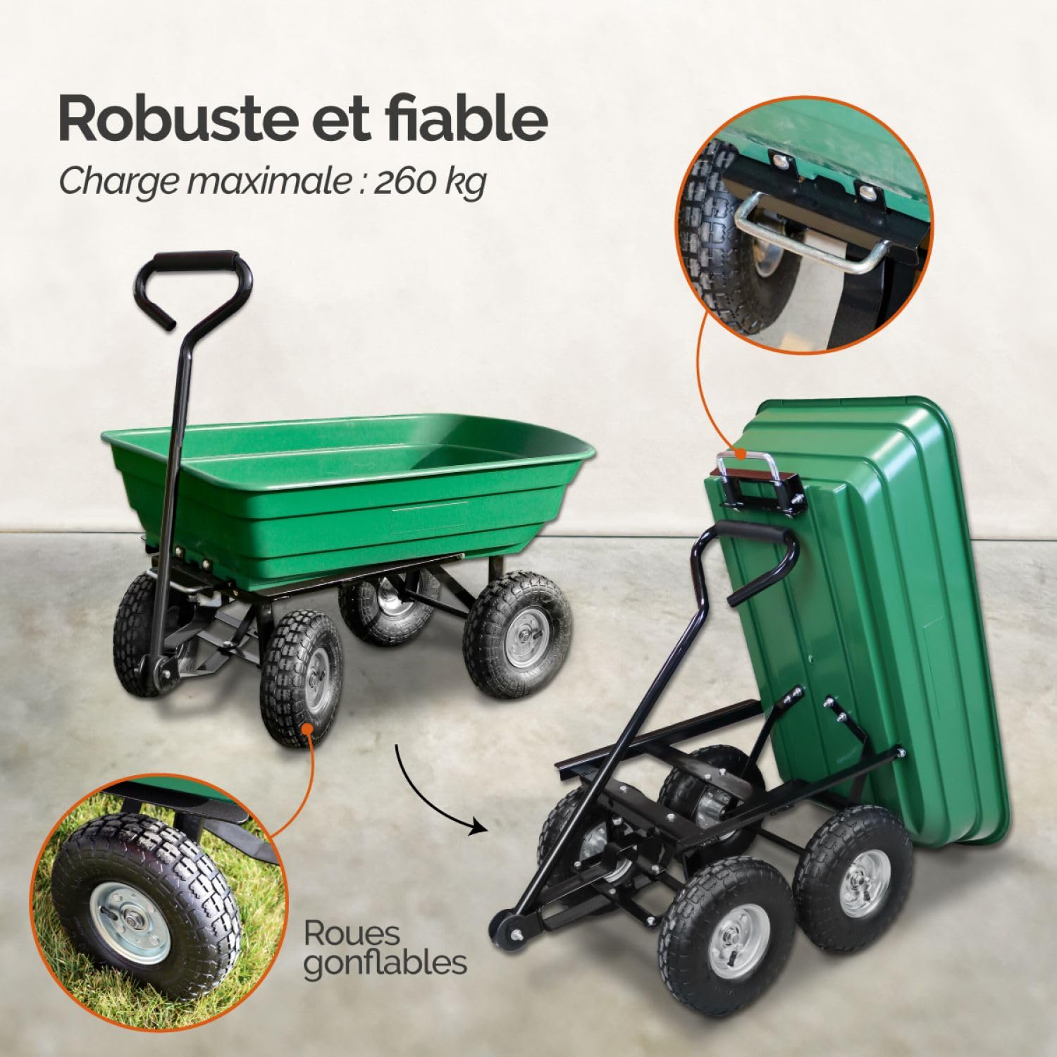 Linxor - Carro de jardín, Remolque de Transporte con Ruedas - 75 L - 260 Kg - Verde
