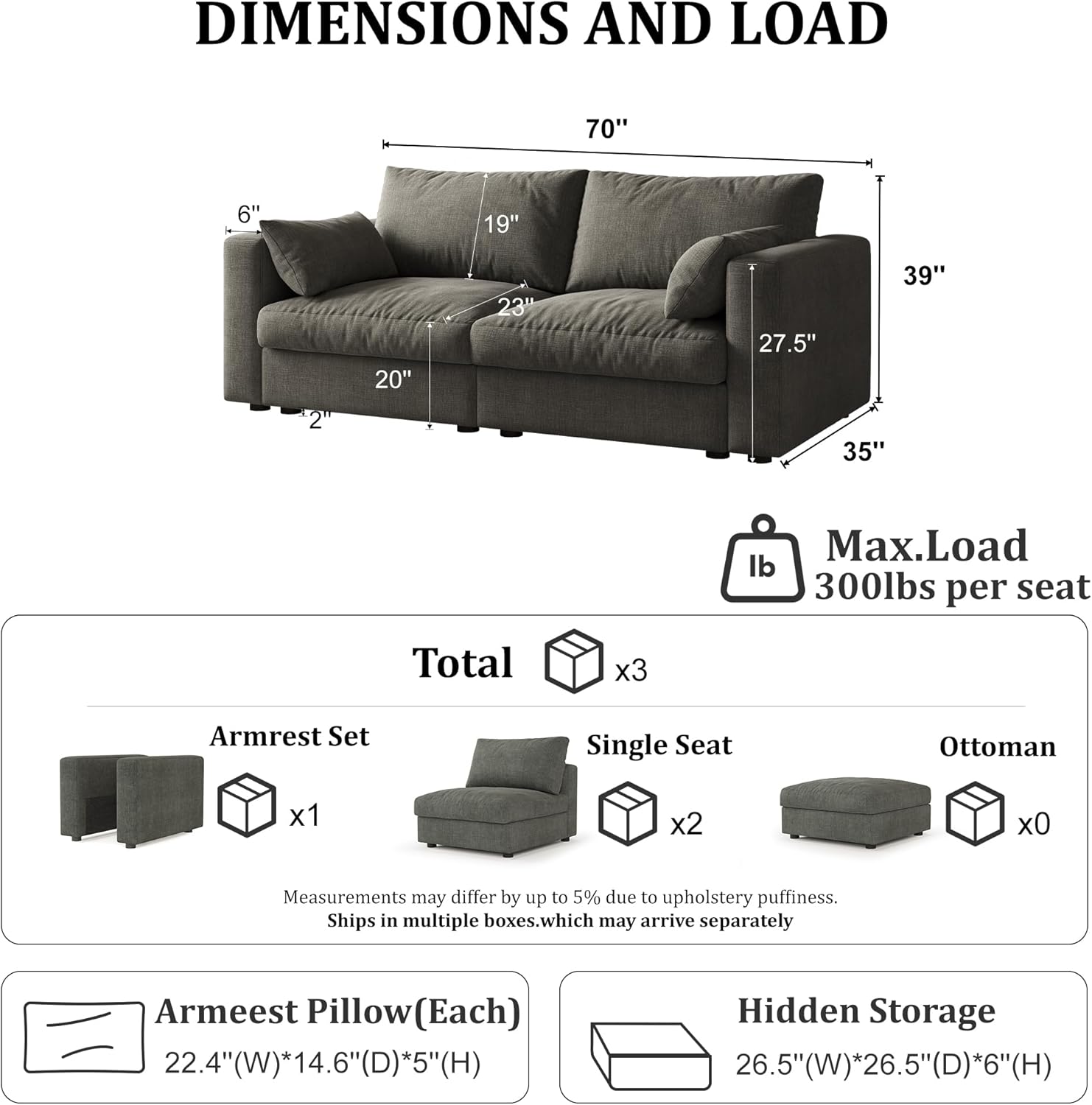 70" Cloud Modular I-Shaped Loveseat Sofa with Storage Ottoman & Chaise, Oversized Chenille Couch for Living Room, Triple-Layer Cloud Cushion, Solid Wood Frame, Tool-Free Assembly, Dark Gray