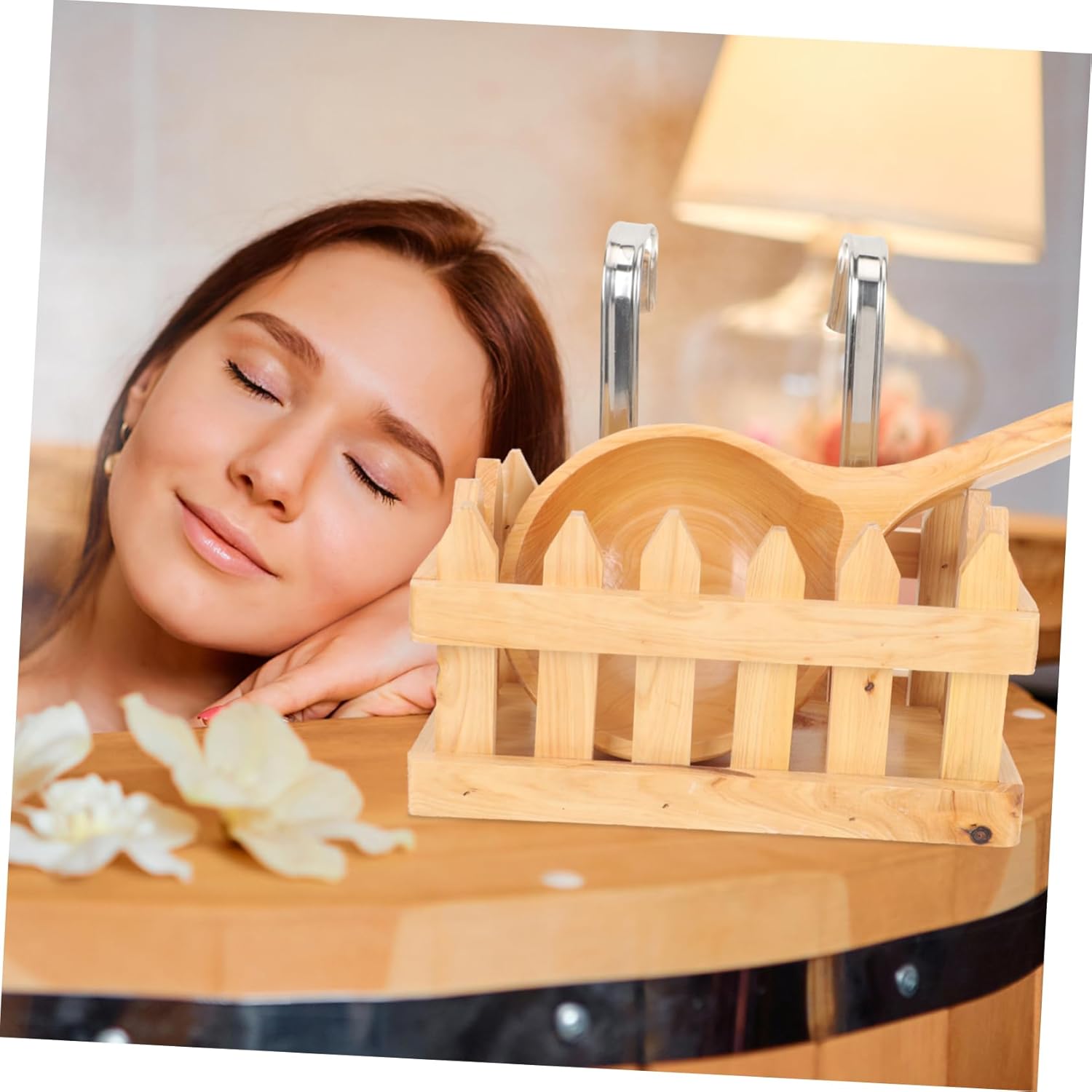 Wooden Bath Soaker Bucket Hanging Basket Water Ladle 100% Natural Wood Bath Accessories and Shower Organization