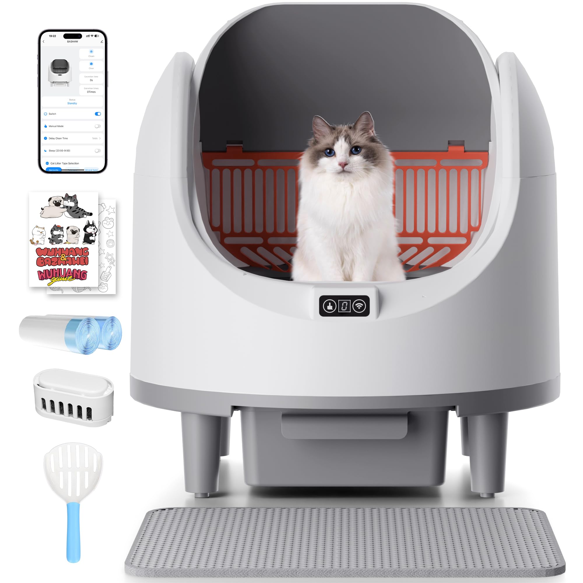 Bashaw Self Cleaning Litter Box, Large Capacity Automatic Litter Box for Multiple Cats, App Control, Safety Sensors, 2 Rolls of Garbage Bags (White)
