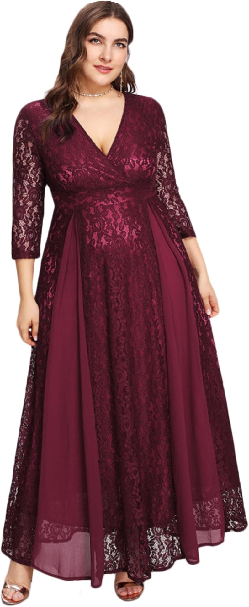ESPRLIA Women's Plus Size High Waist Lace Overlay Maxi Evening Dresses