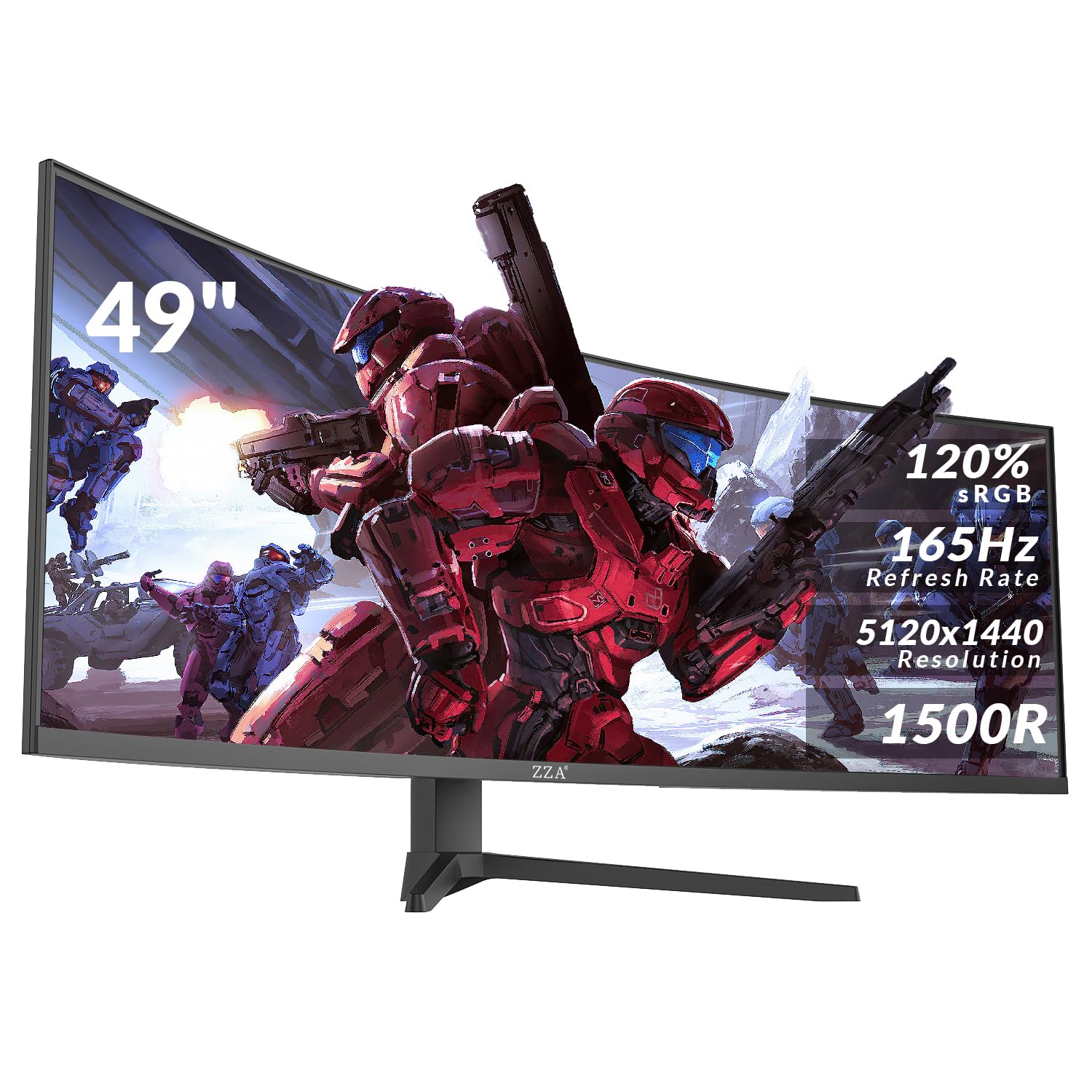 ZZA Monitor da gioco super ultrawide da 49 pollici, display curvo DQHD 5120 x 1440, frequenza di aggiornamento 165Hz, schermo immersivo 1500R, illuminazione RGB, supporto regolabile in altezza, HDMI
