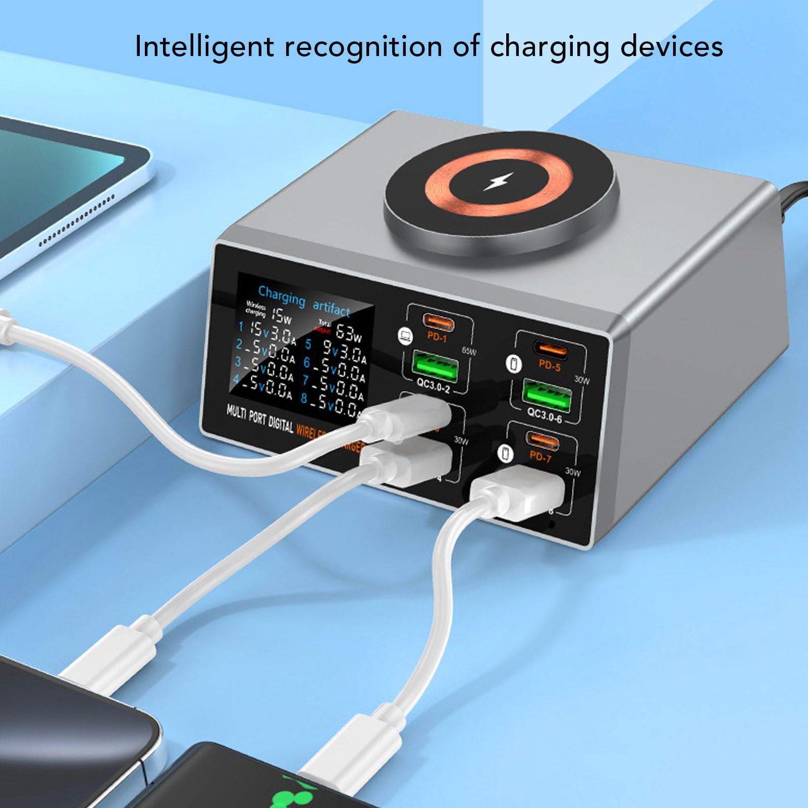 Fockety Stazione di ricarica USB, stazione di ricarica da tavolo a 8 porte da 140W con caricatore wireless, supporta la ricarica di 9 dispositivi contemporaneamente, per telefoni, (Spina europea)