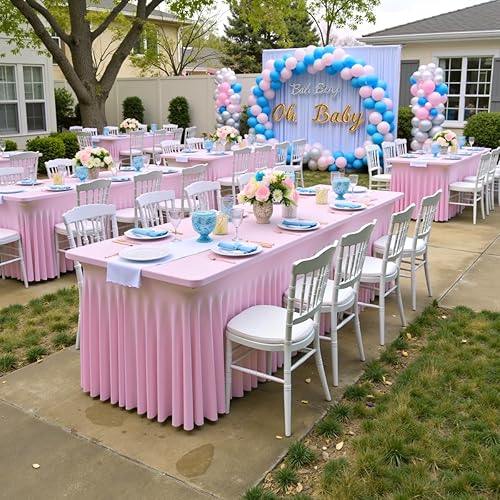 Miniatura 9 de Htper Paquete de 2 manteles de elastano rosa bebé para mesas rectangulares de 8 pies, manteles elásticos de 8 pies con falda para fiestas, bodas,