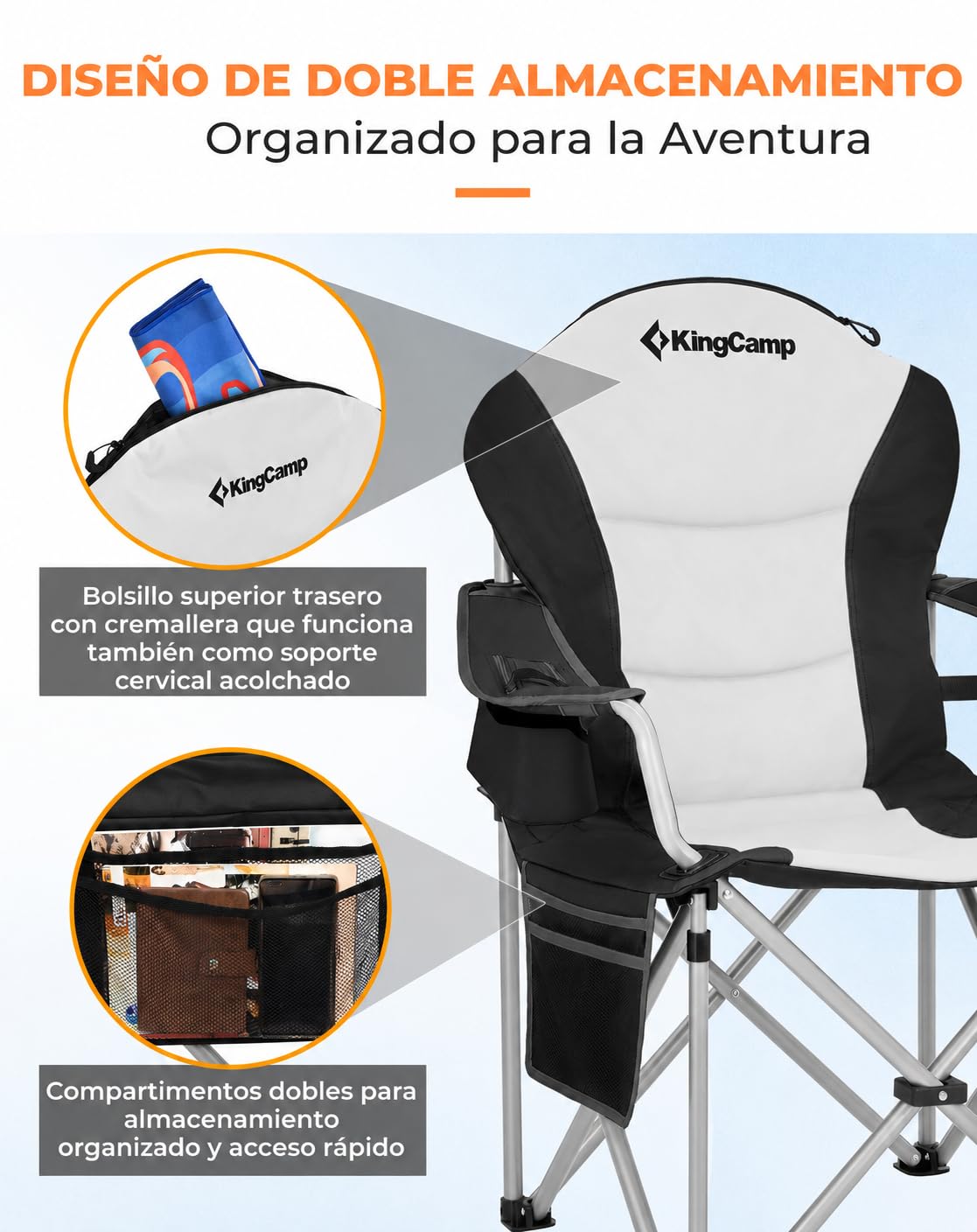 KingCamp Silla de Camping Plegable Ergonómica Acolchada XXL 250 kg