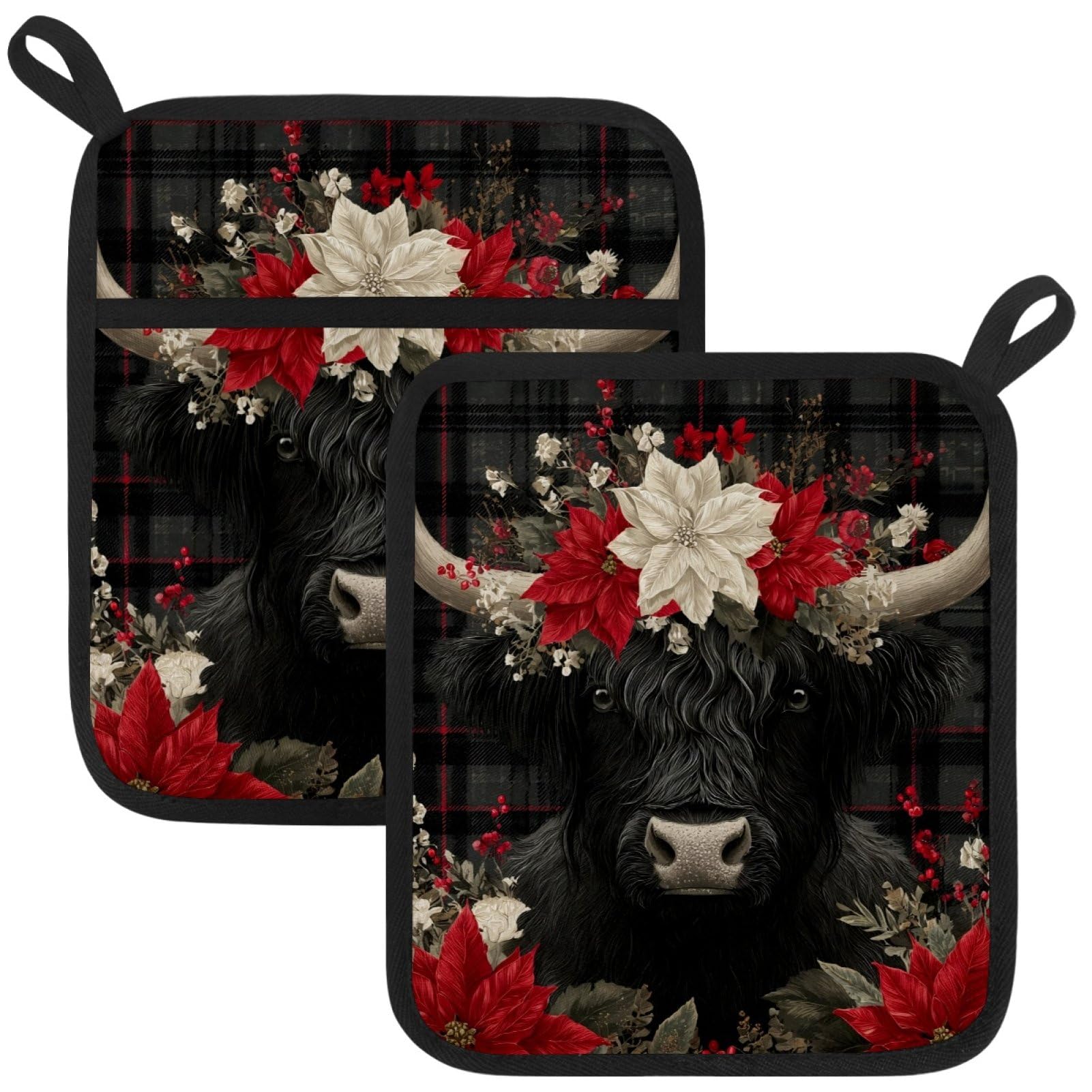 VAPOKF Highland Cow Flower Heat Resistant Pot Holders, Thick Pot Holders Pad with Hanging Loop for Kitchen, Oven Cloth Pads for Kitchen Baking Microwave Oven