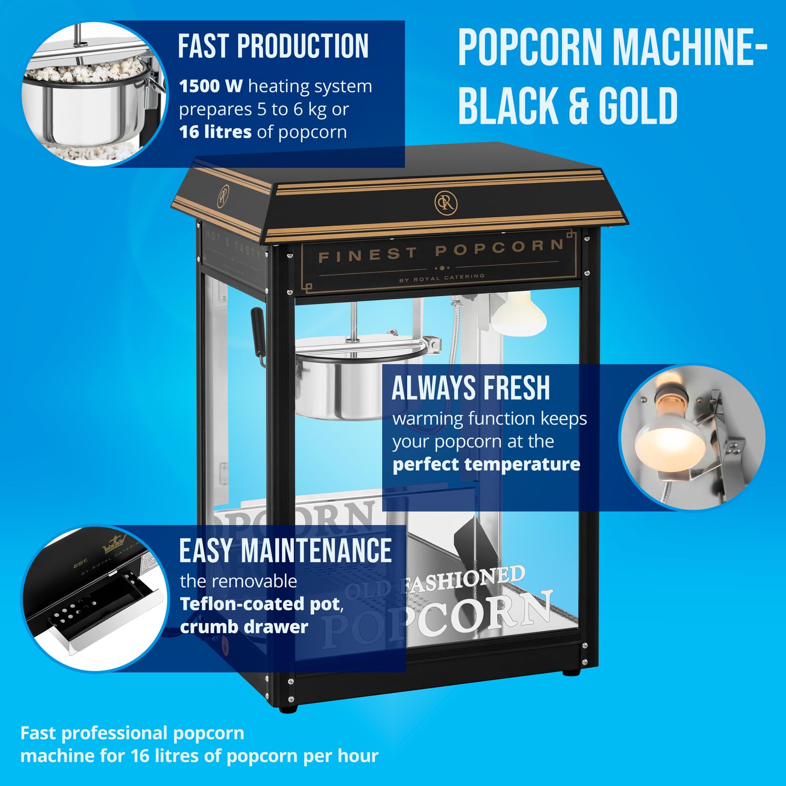 Royal Catering Machine À Popcorn Professionnelle (1 500 W, 220-270 °C, 5 kg/h, Éclairage) Rétro Noir & Or, Appareil Professionnel Sucré Caramel