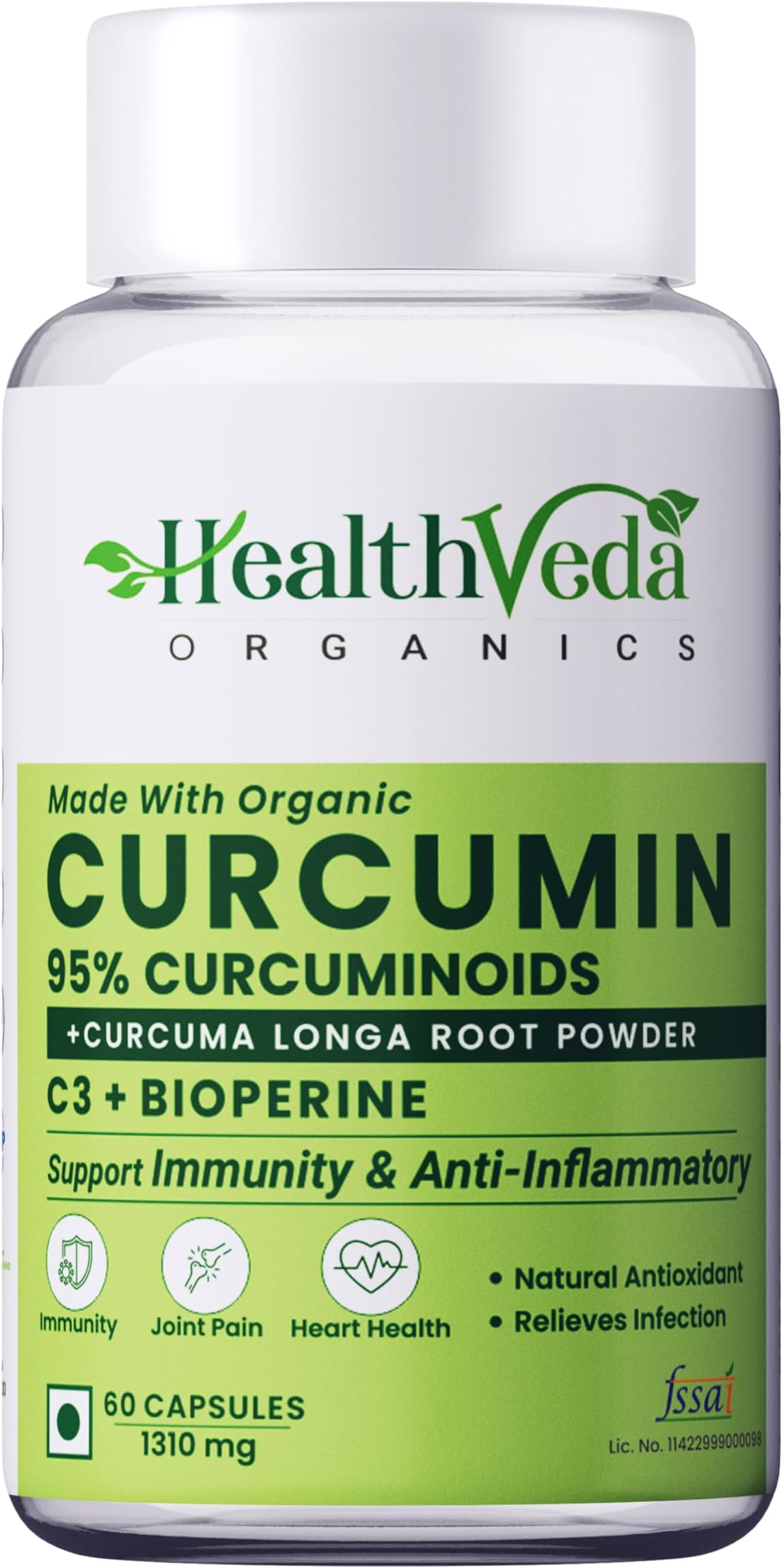 Health Veda Organics Curcumin C3 + Bioperine 1310 Mg Supplement | Supports Joint & Muscle Health | Better Absorption and Boost Immunity For Men & Women (60 Veg Capsules)