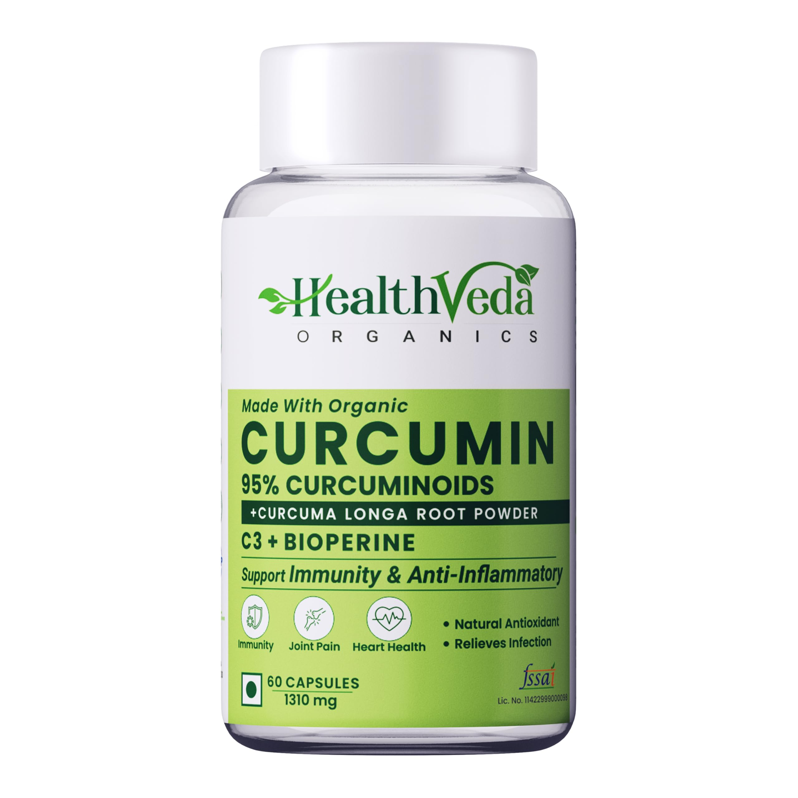 HEALTH VEDA ORGANICS PRIVATE LIMITED Curcumin C3 + Bioperine Supplements, 1310 Mg | 60 Veg Capsules | Supports Joint & Muscle Health | Better Absorption | Boost Immunity | For Men & Women