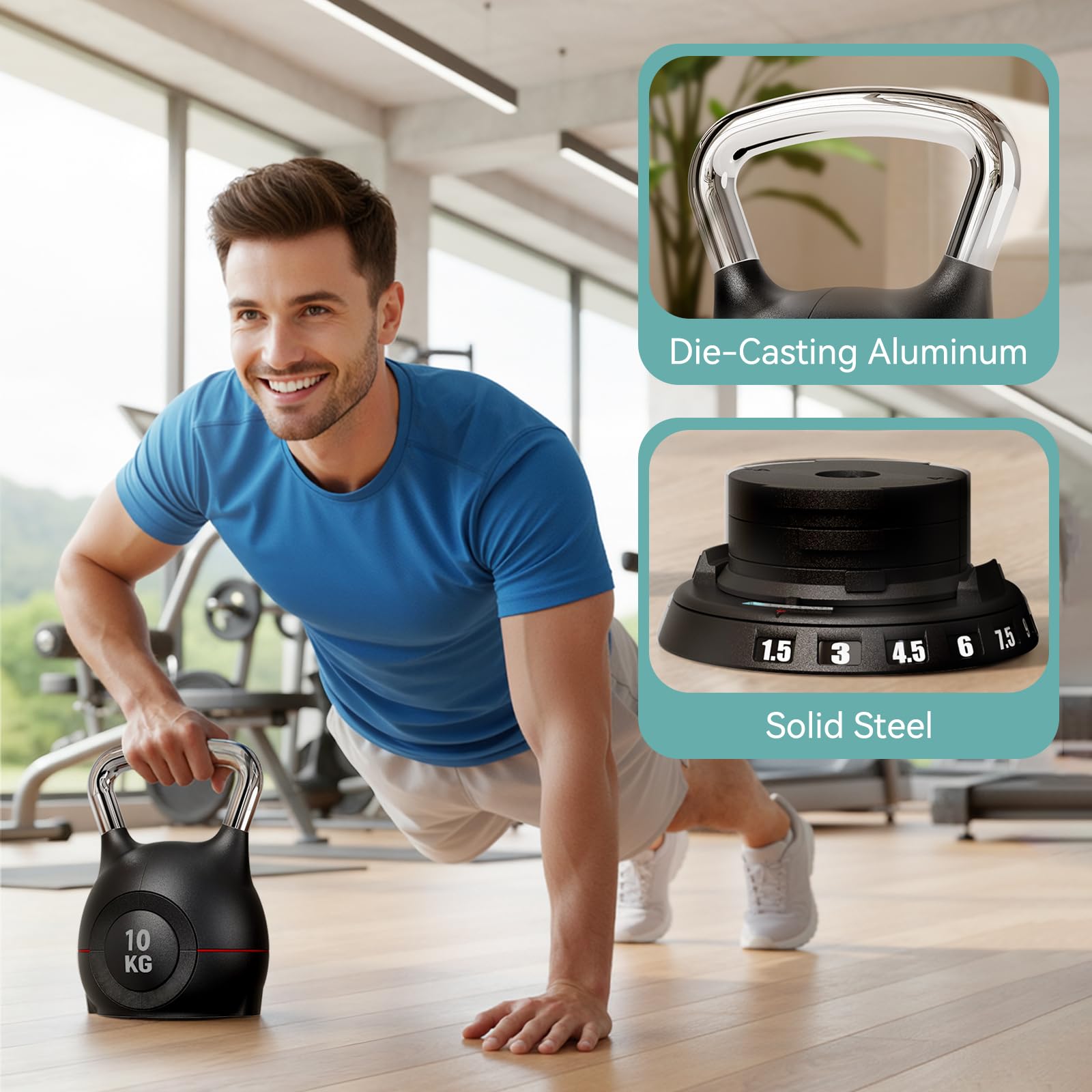 Kettlebell Regolabile 7 in 1, 20 kg Kettlebell con 7 Livelli di Peso, Manubrio per Allenamento a Casa & Fitness, Ideale per Allenamento Completo del Corpo, Compatto & Salvaspazio (Nero, 10kg)