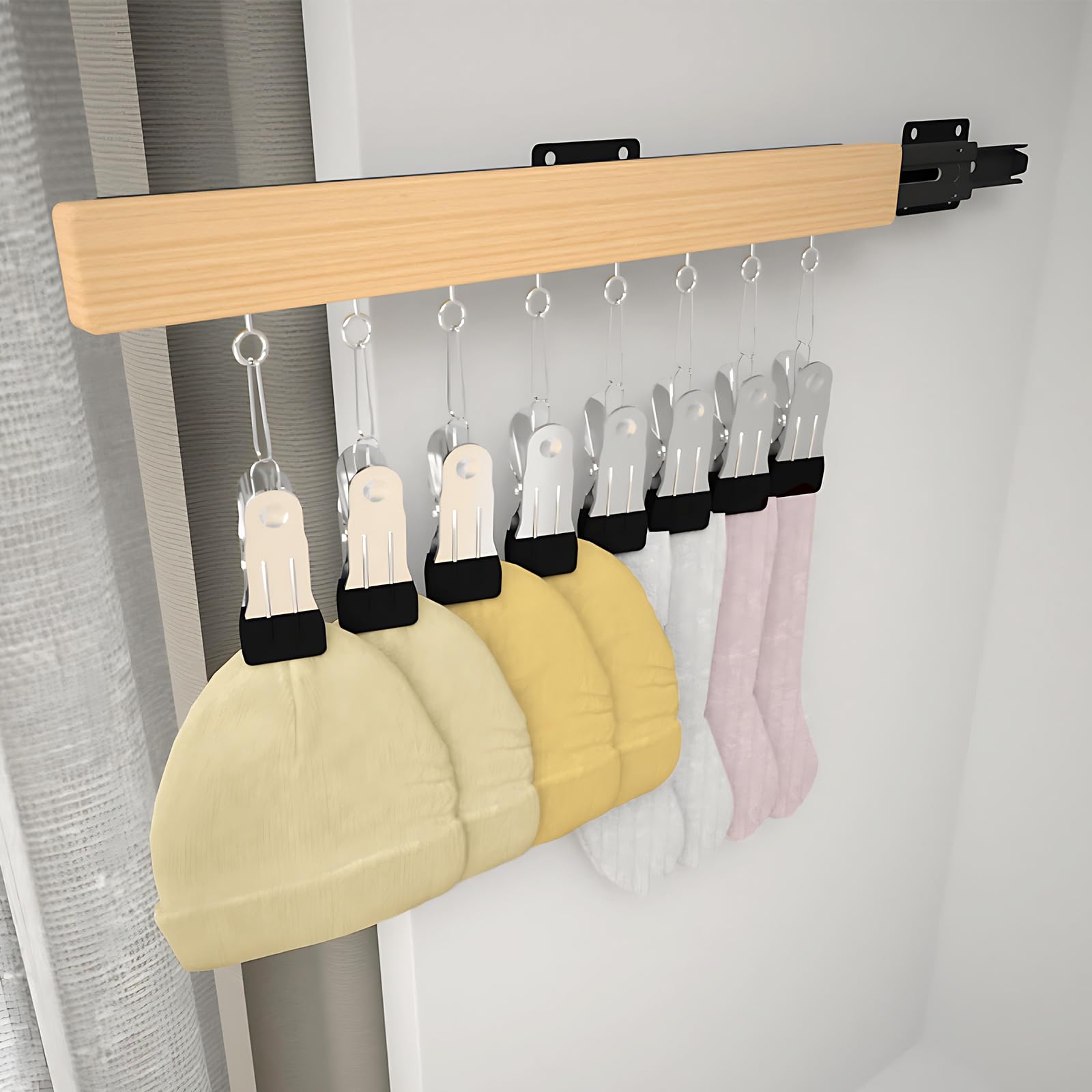 Ausziehbare Kleiderstange mit 8 Rutschfest Clips, Holz Teles