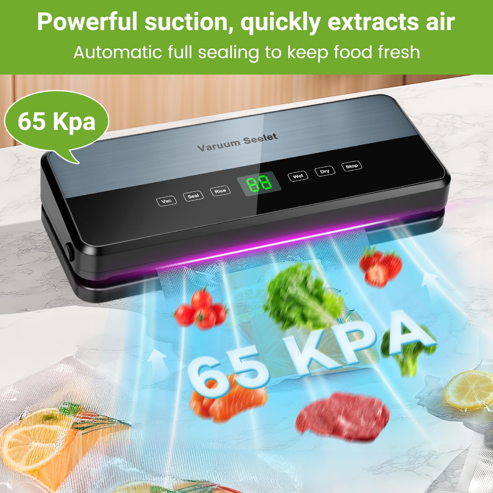Selladora al vacío de Alimentos 8 en 1, 65 kPa, 30 mm de Largo, con 30 Bolsas y Almacenamiento, para conservación de Alimentos Secos y húmedos, Cortador Integrado.