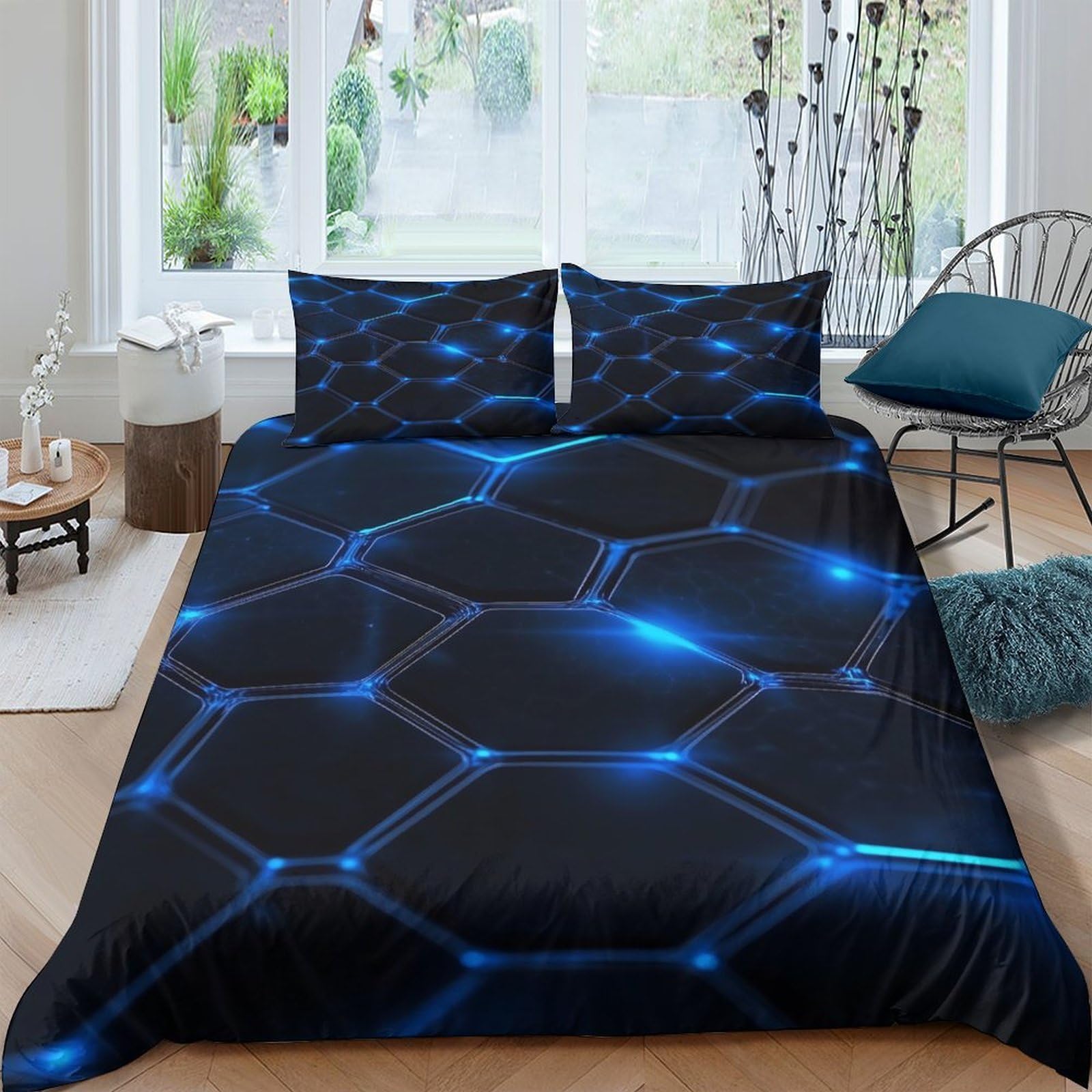 Ctjqhvkz Style-9 3D Printed Blue Hexagon Fitted Sheet Microfiber Black Geometric Mattress Cover Bedroom Dorm Machine Washable Decor Single（135X200cm）