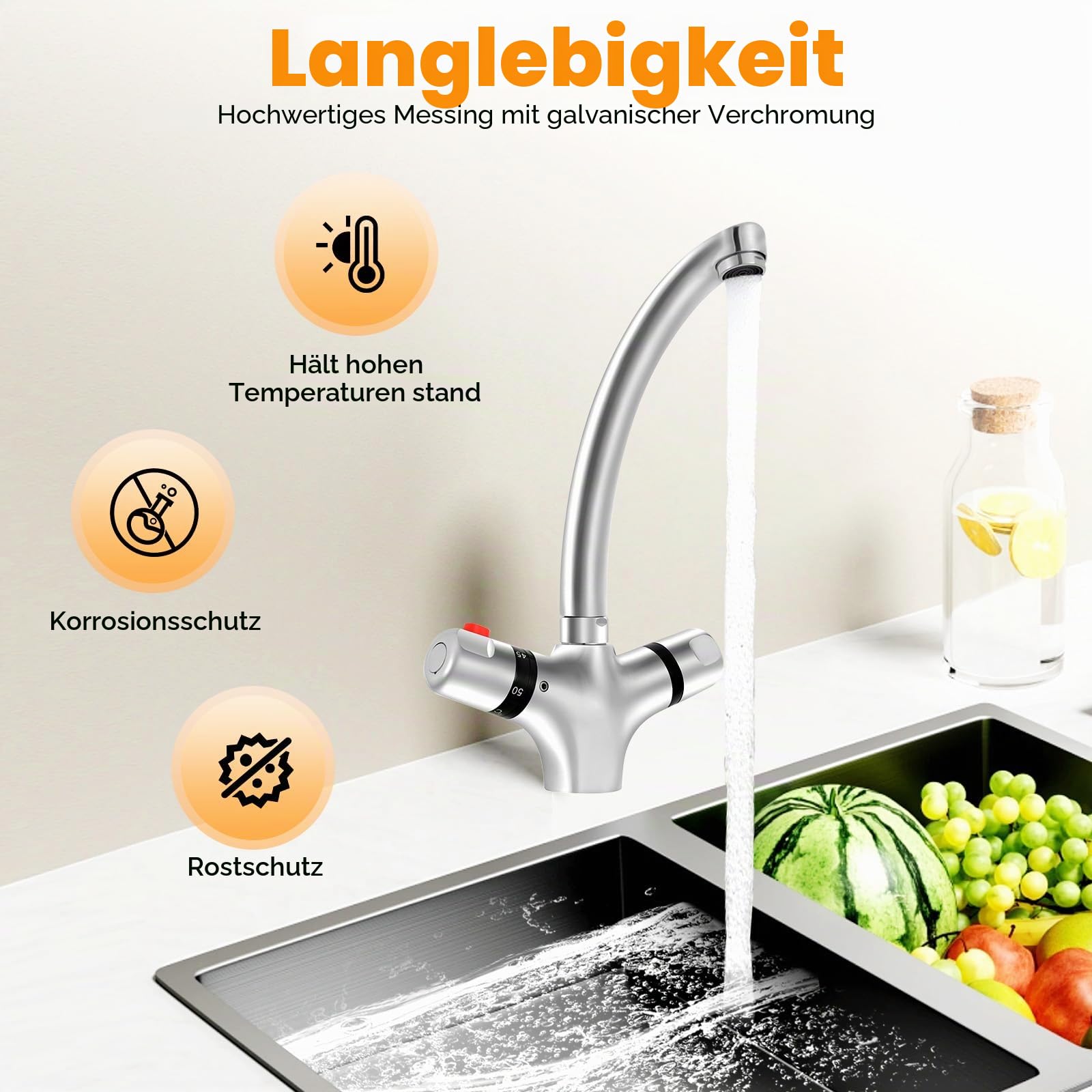 Wasserhahn Bad, Waschtischarmaturen mit Thermostat und Doppelstiel, Thermostat Mischbatterie Waschbecken, Wasserhahn Bad für das Waschbecken