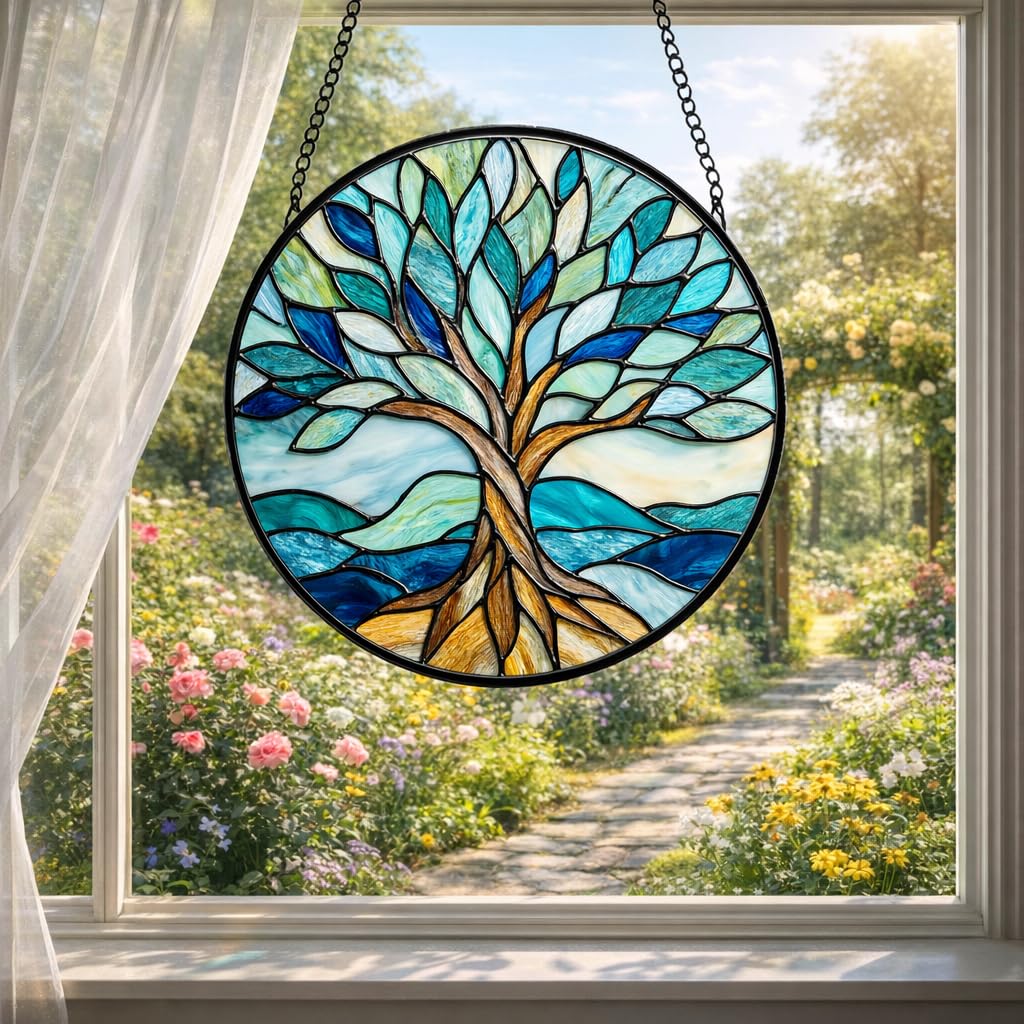 Atrapasueños colgante de ventana con diseño de árbol de la vida, atrapasueños costeros azul océano con olas rodantes, regalo de decoración del hogar de cristal para mujeres, madre jardineras