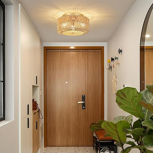 Miniatura 8 de PAUFUL Lámpara bohemia para techo, lámpara de techo de ratán de 3 luces, lámpara de techo empotrada con pantalla tejida a mano, lámpara moderna para