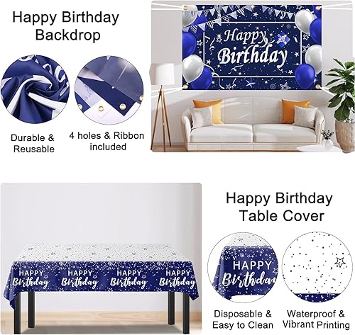 Miniatura 6 de Decoraciones de cumpleaños azul marino para hombres, niños, mujeres y niñas, 80 piezas de decoraciones de fiesta azules y plateadas, pancarta de