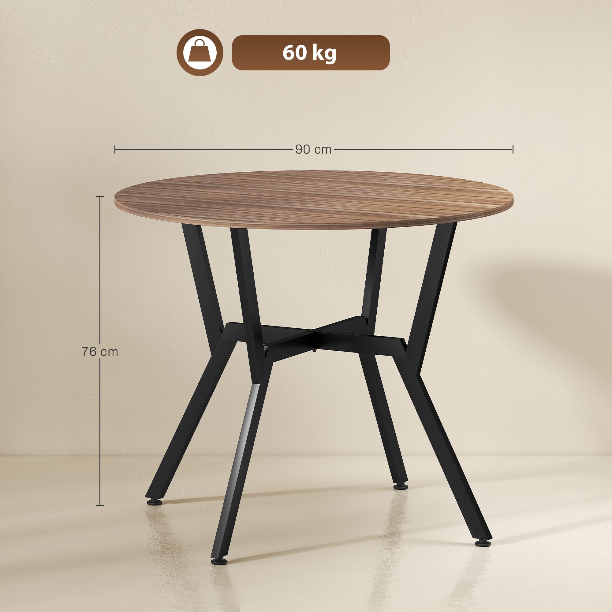 HOMCOM Mesa de Comedor Redonda Mesa de Cocina Industrial con Tapa de Madera y Marco de Acero para Salón Carga 60 kg Ø90x76 cm Marrón — view 3