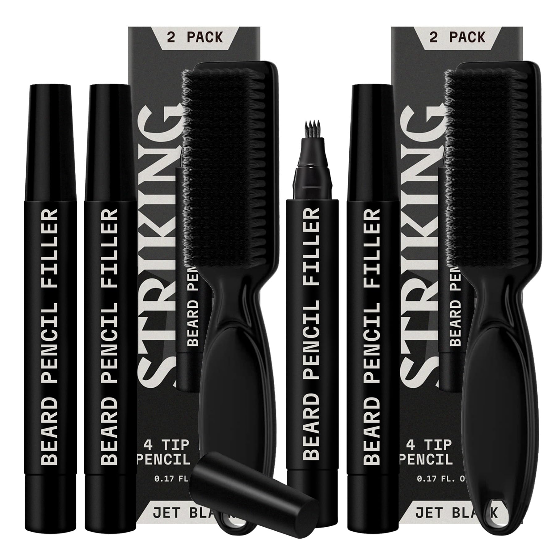 Striking Viking 4 Pack Beard Filling Pen Kit with 4 Tips - Waterproof Beard Pencil for Men, Fill, Shape & Define with Brush - (Jet Black)