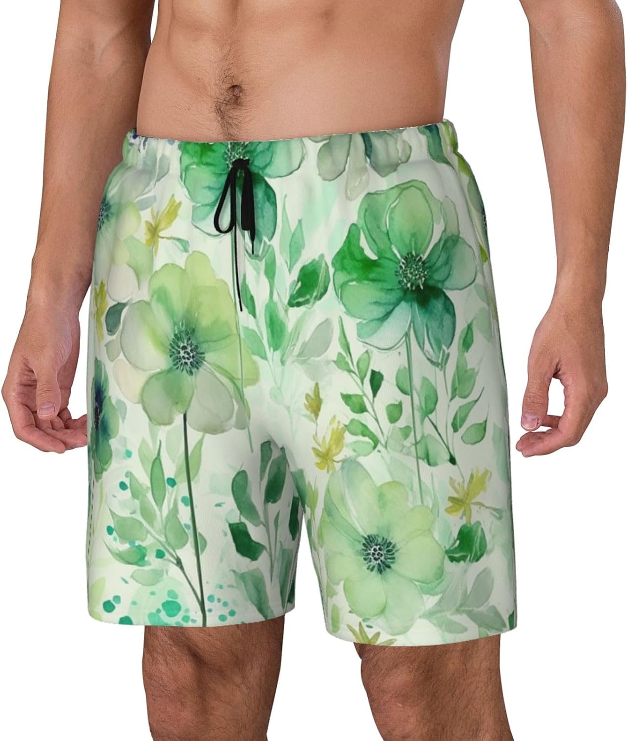 Men's Swim Trunks 2 in 1 Quick Dry Bathing Suits Watercolor Green Flowers Beach Board Shorts Swimwear