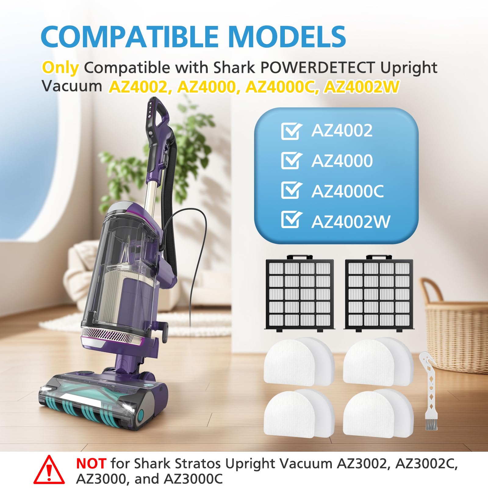AZ4002 Filtros de repuesto compatibles con Shark POWERDETECT aspiradora vertical AZ4002 AZ4000 AZ4000C AZ4002W, 2 filtros HEPA y 4 filtros de espuma y fieltro