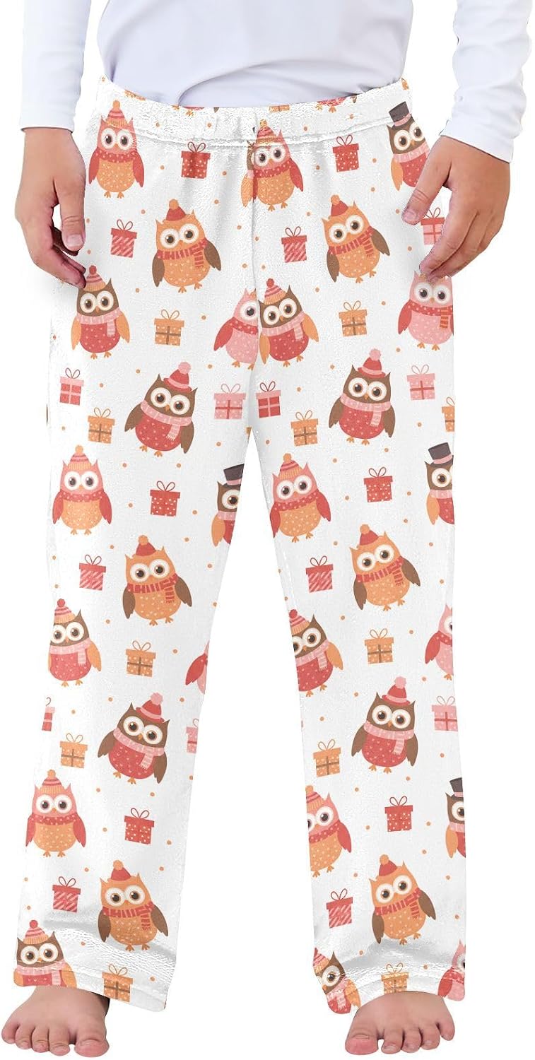Winter Holiday Owls White Pattern Plush Pajama Pants Sleepwear Bottoms Lounge Fleece Pants, S-XL