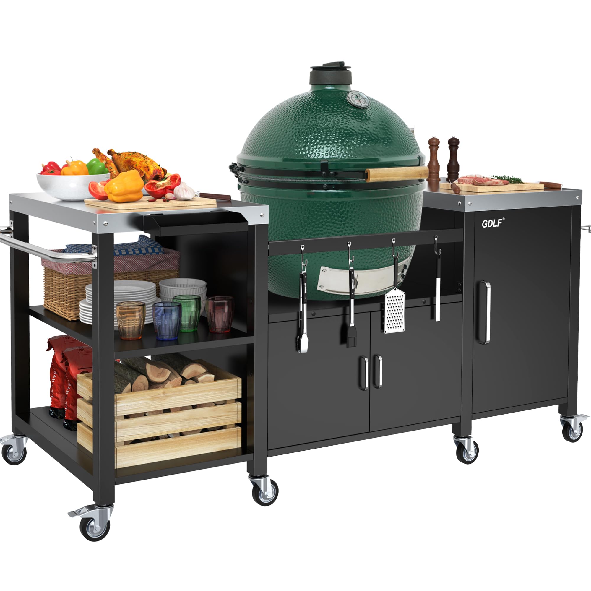 Outdoor Grill Table for Big Green Egg, Metal Grill Cart Compatible with XL Green Egg,Big Joe,Primo XL,Waterproof Cover Included
