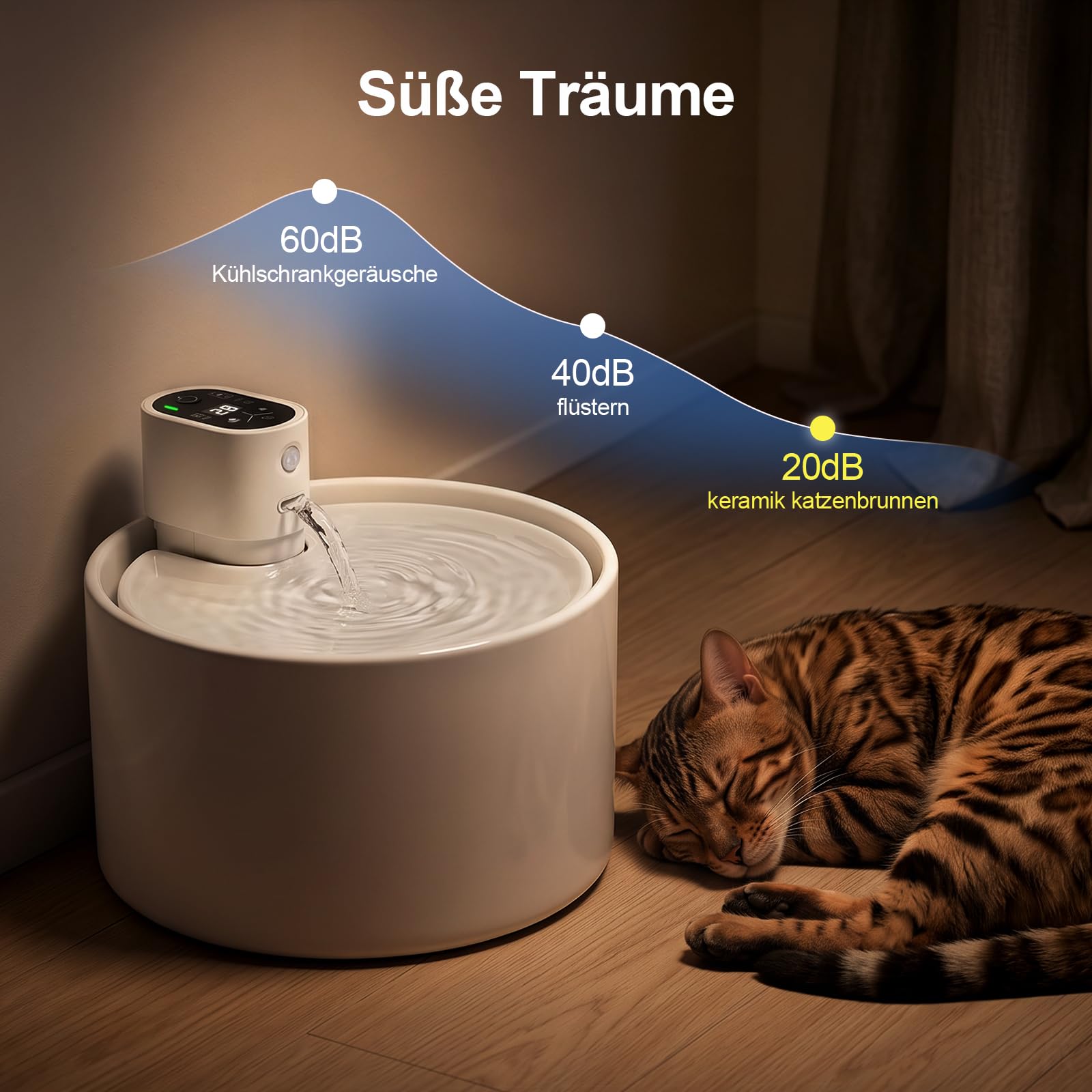 Katzenbrunnen Keramik kabellos 2,3L, Trinkbrunnen für Katzen für Indoor | Bewegungssensor, trinkbrunnen für katze kabellos 4000mAh, Ultra-leise pumpe, Mehrschichtfilter