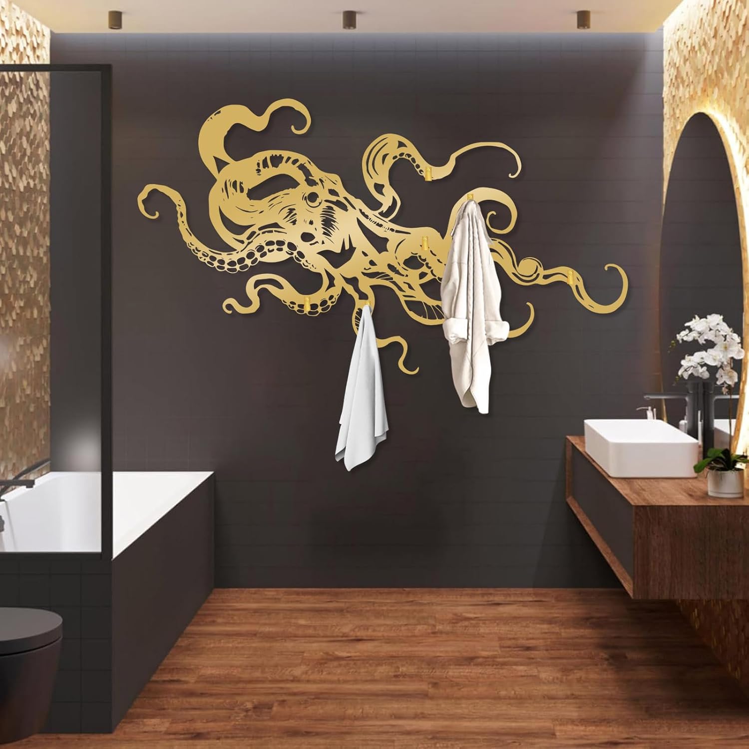 Octopus Coat Rack Wall Mount, Octopus Metal Wall Coat Rack, Ocean Monster Key Holder Wall Mounted, Kraken Hooks for Wall, Towel Hanger Rack Decor for Bathroom (Black, 17"x30"|43x76cm)