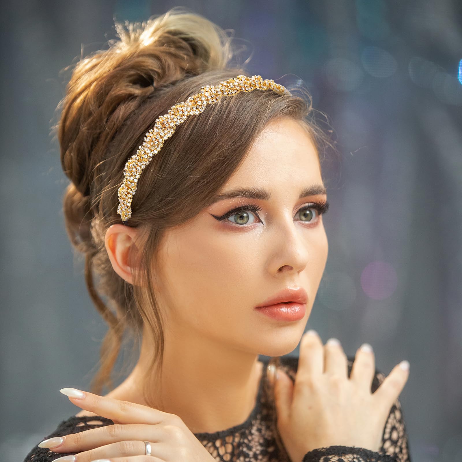 Women's Rhinestone Headbands Sparkly Elestic Hairband Vintage Metal Headbands Sparkly Elegant Party Daily Head Chain (Gold, M) - Image 4