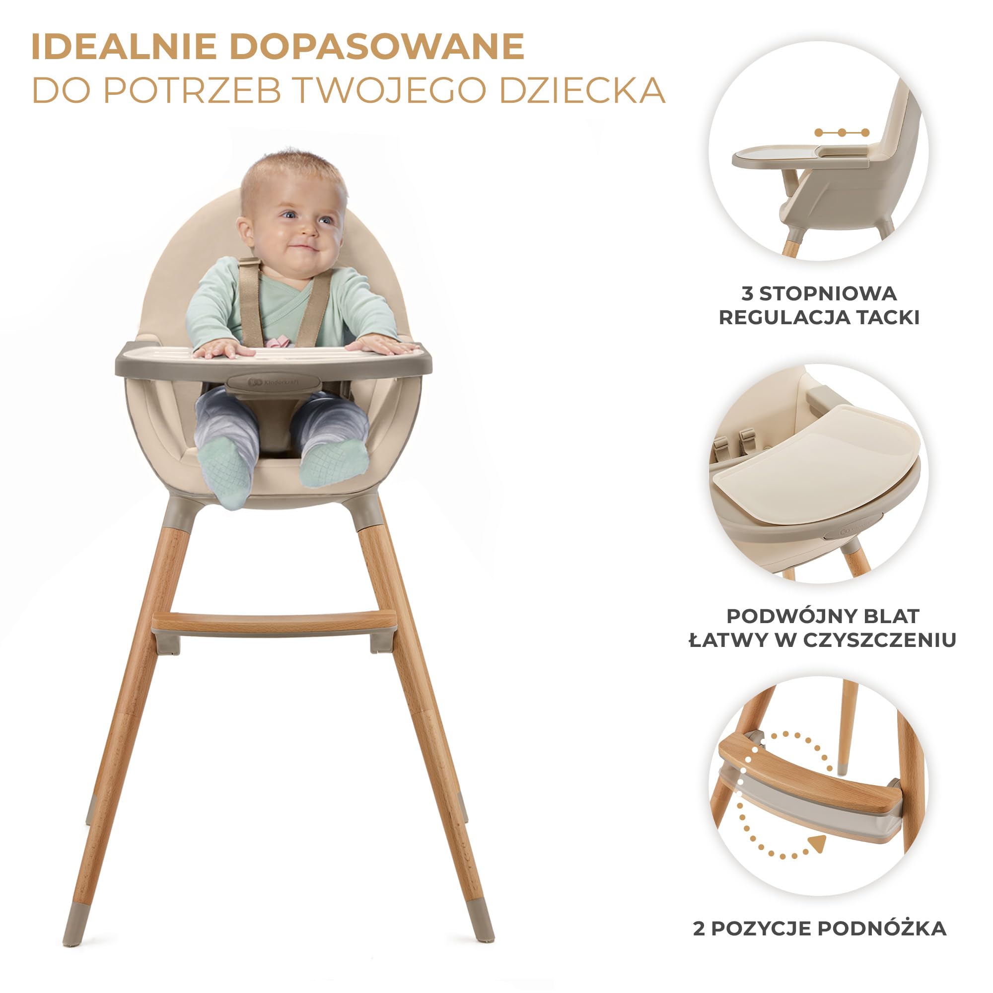 Kinderkraft Krzesełko do karmienia FINI2 2w1, Krzesło dla starszaka, Regulowana zdejmowana tacka, Drewniane antypoślizgowe nożki, 5-Punktowe pasy bezpieczeństwa, Łatwy w czyszczeniu, Beżowy