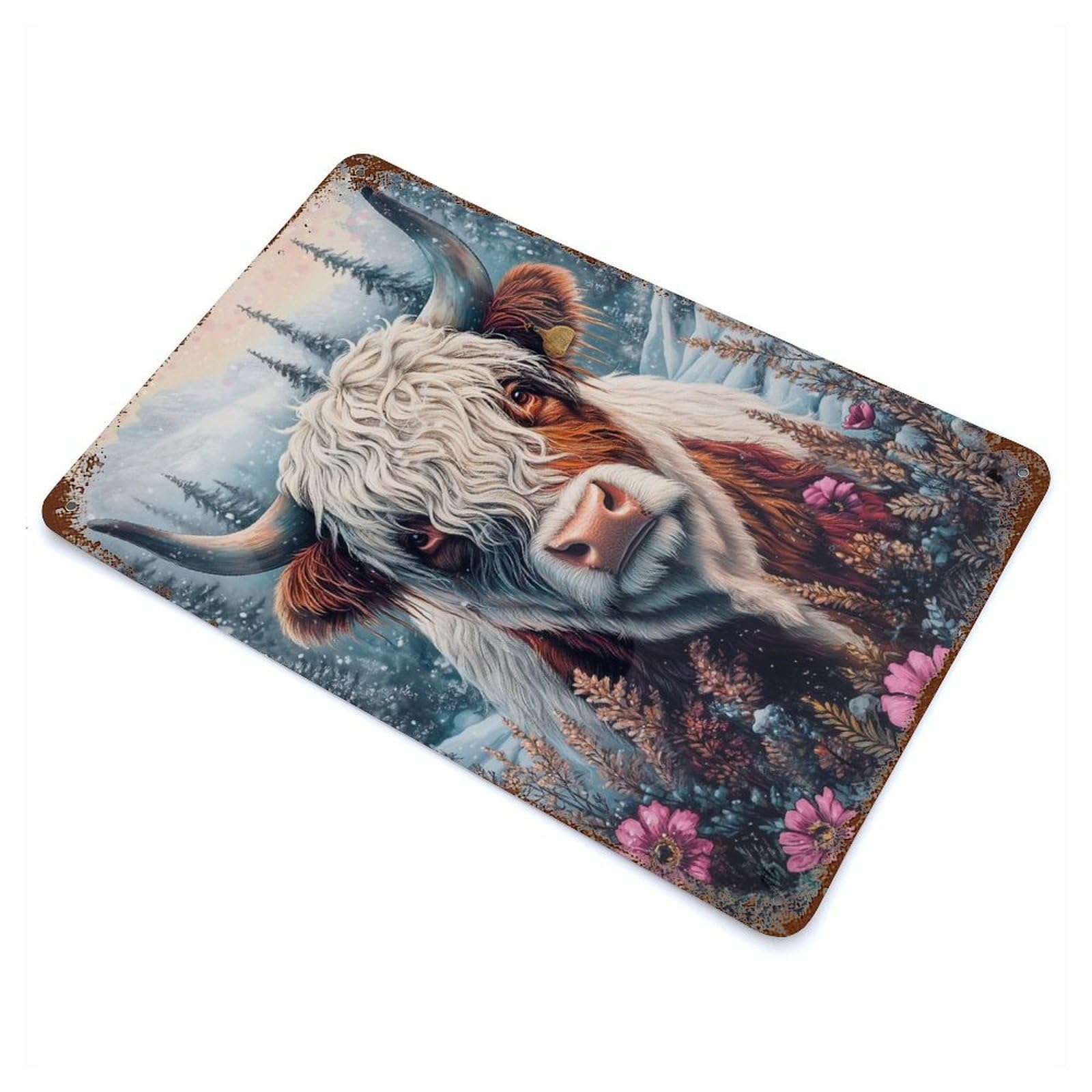 Vintage Rust Metal Sign with Highland Cow in Winter Design 11.8"x7.9", for Shed, Workshop And Garage Wall Decor, Classic Wall Plaque