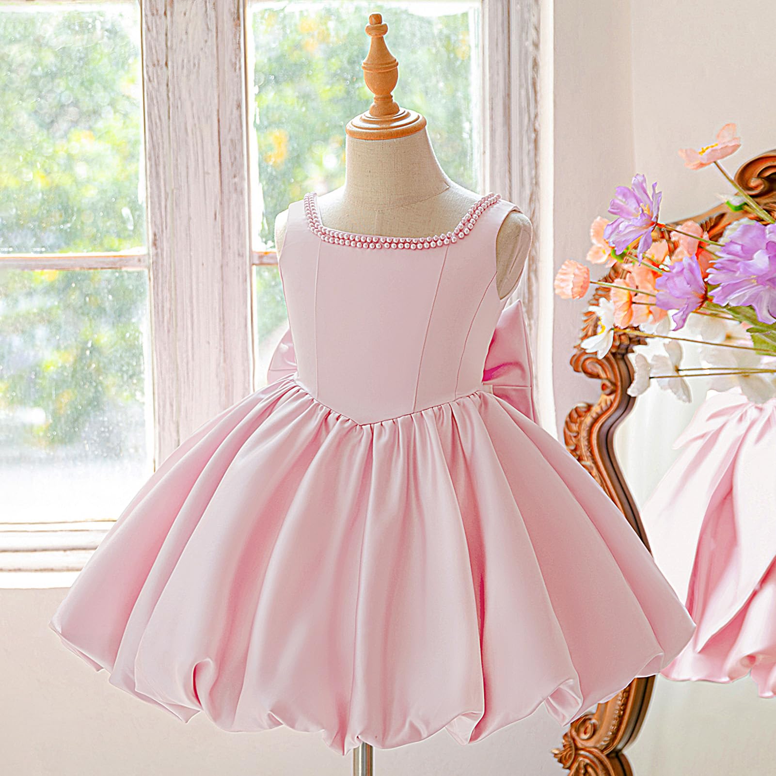 IBAKOM Blumenmädchenkleid Mädchen Elegant: Ärmellos Satinkleid Ballkleid für Kinder 4-8 Jahre - Festlich Prinzessinkleid für Hochzeit Geburtstag Party